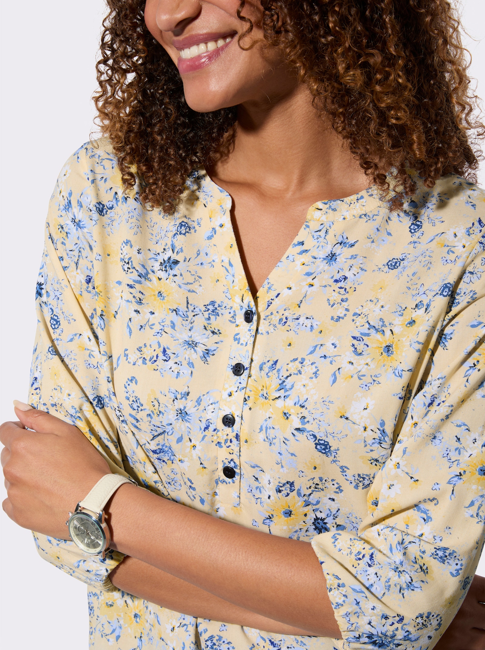 Druckbluse mit elastischem Saum - vanille-rauchblau-bedruckt