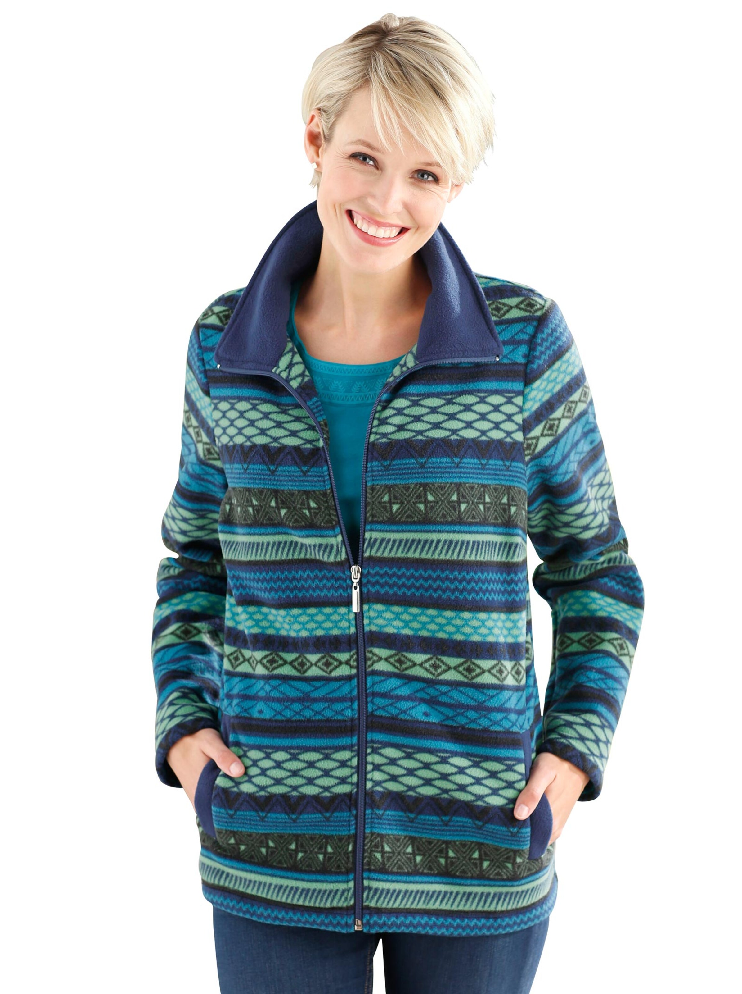 Fleece-Jacke - petrol-grün-gemustert