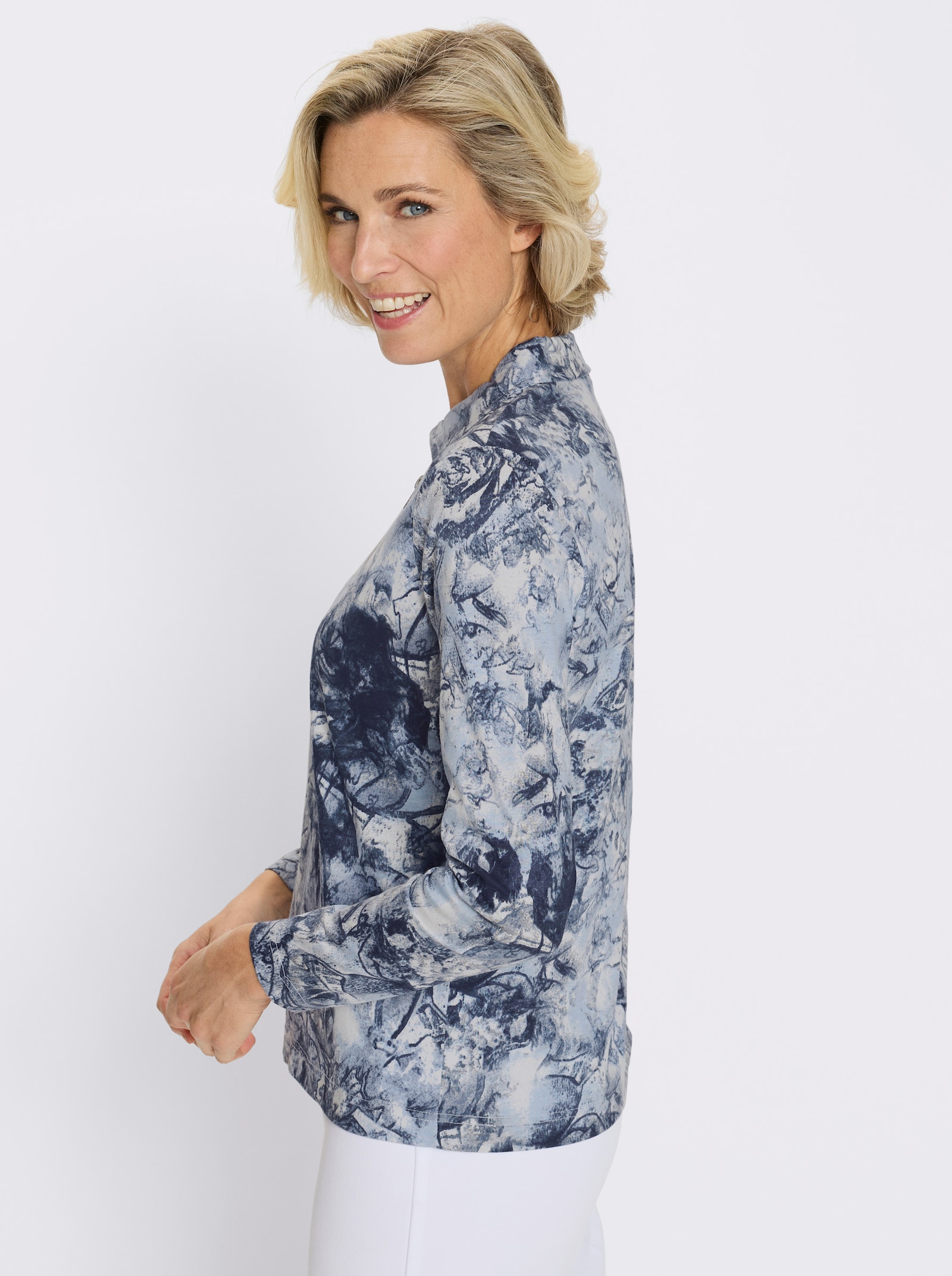 Poloshirt mit kurzem Reißverschluss - eisblau-marine-bedruckt