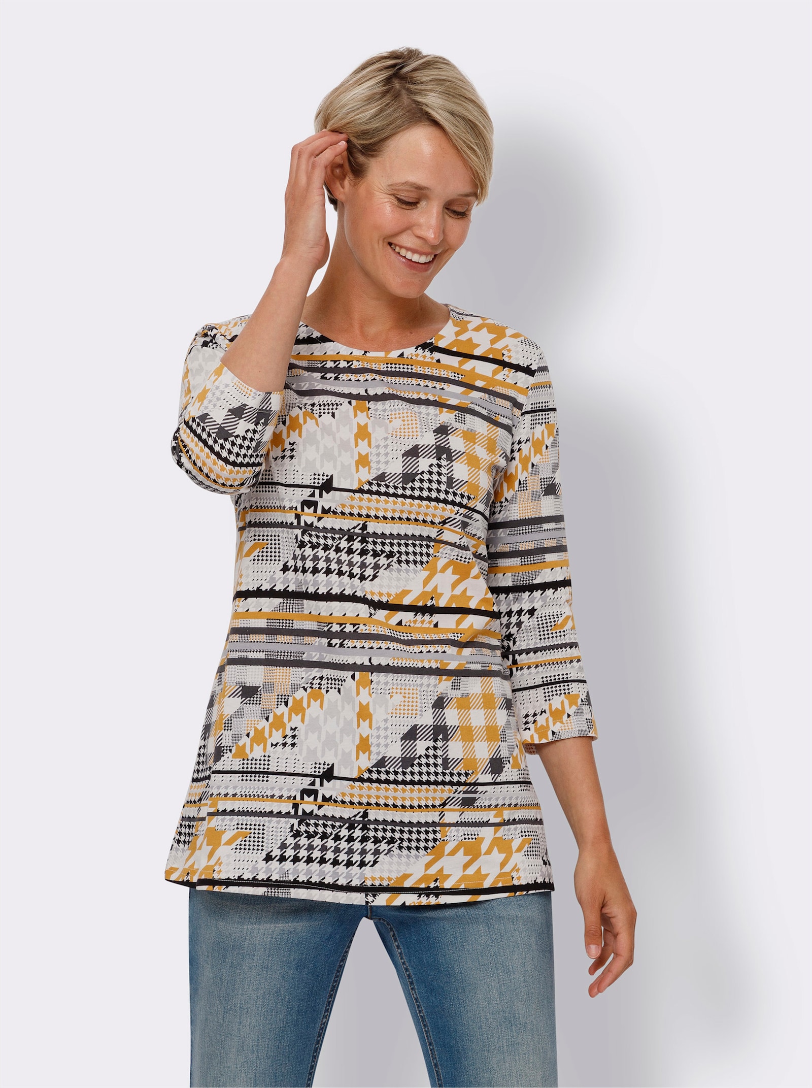 Lang shirt met 3/4-mouwen - oker/grafiet bedrukt