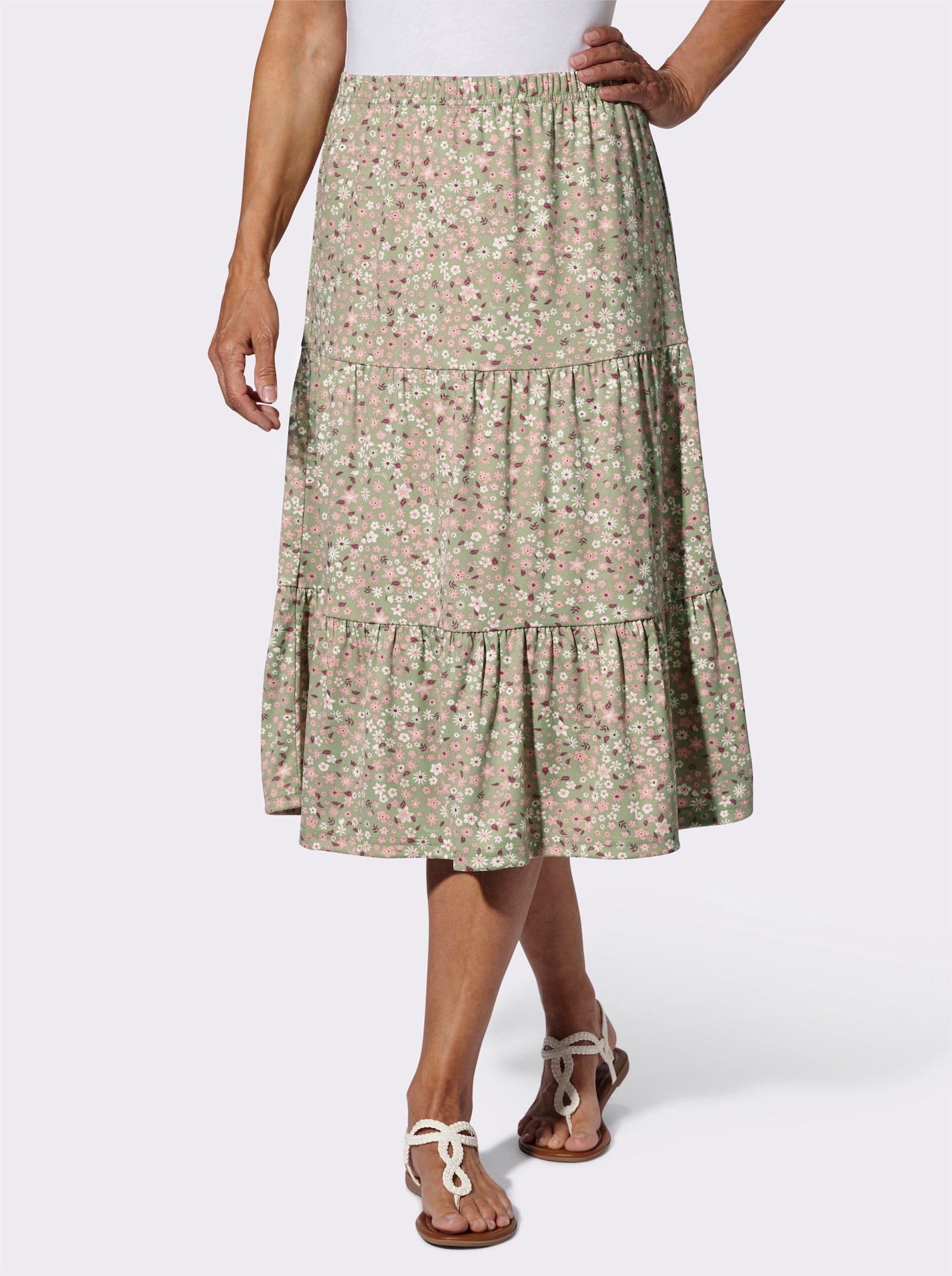 Trikåkjol med nivåskärning, blommig - eukalyptus-rosenkvarts-tryck