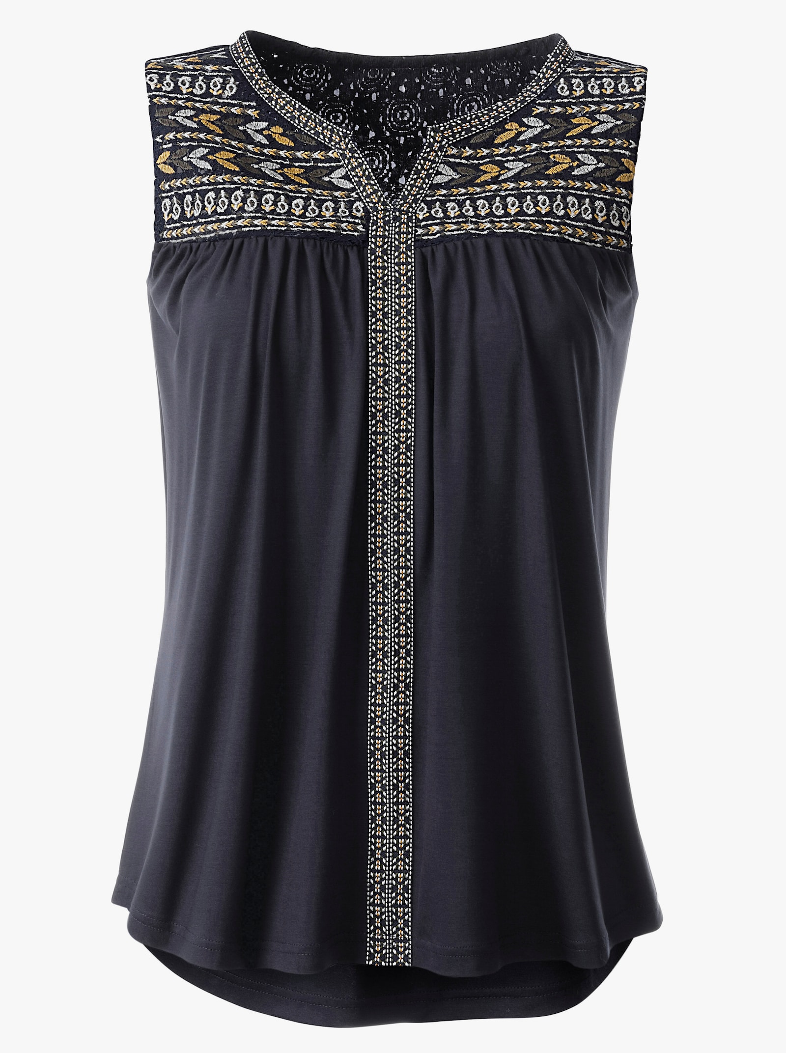 Shirttop mit bestickter Spitze - marine-gelb-gemustert