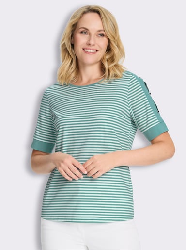 Kurzarmshirt mit Zierknöpfen - salbei-ecru-geringelt
