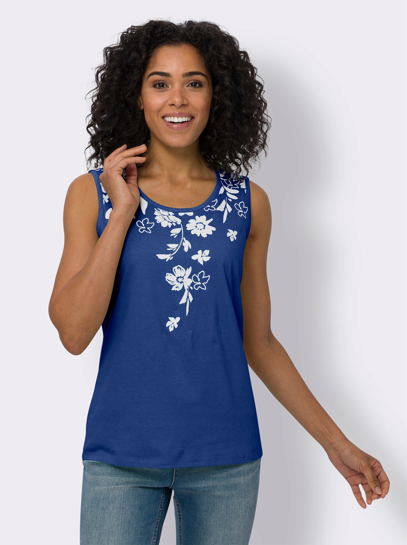 Linne med blomtryck - kungsblå-vit