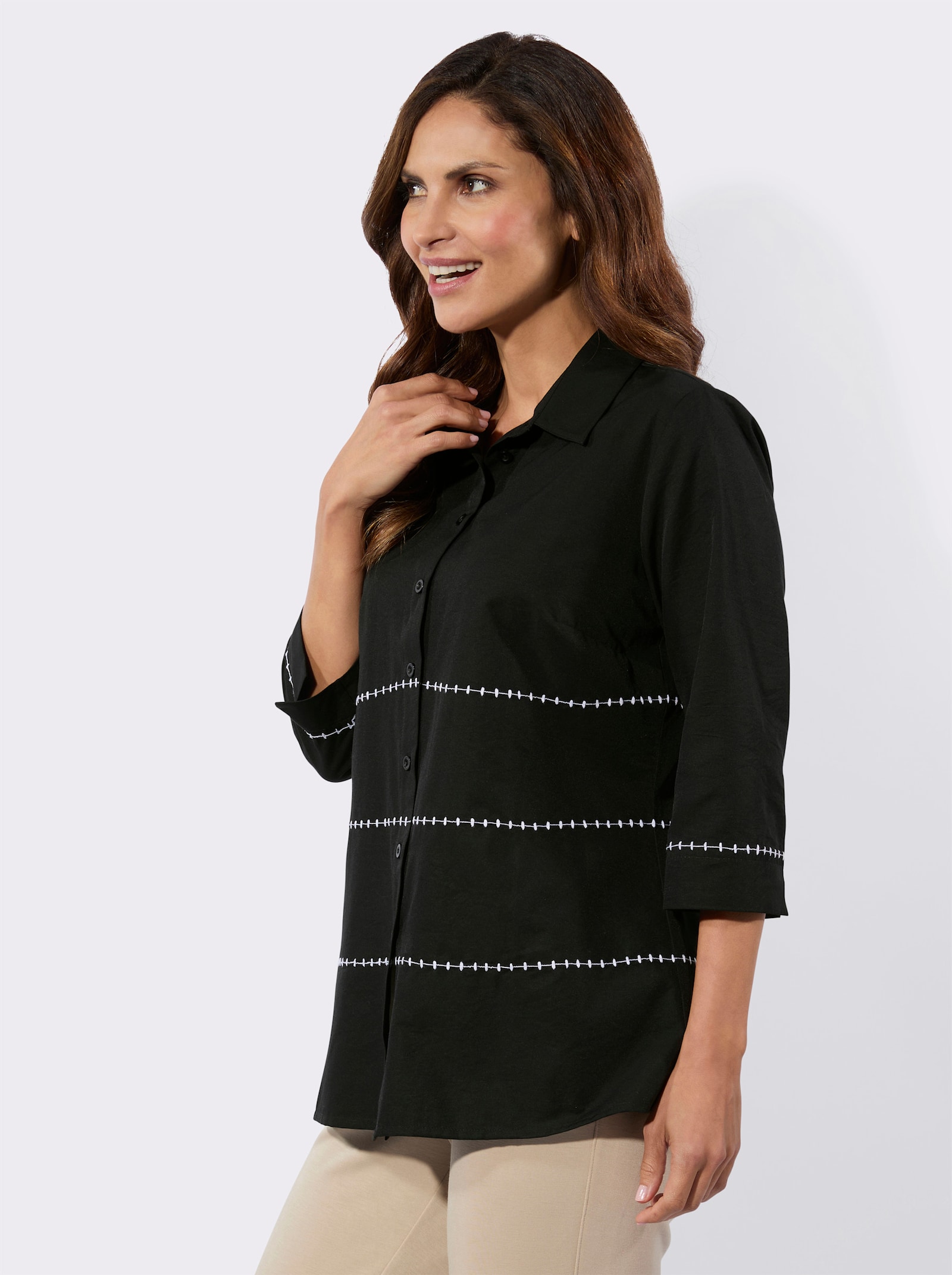 Hemdbluse mit Kontrast-Stickerei - schwarz-ecru