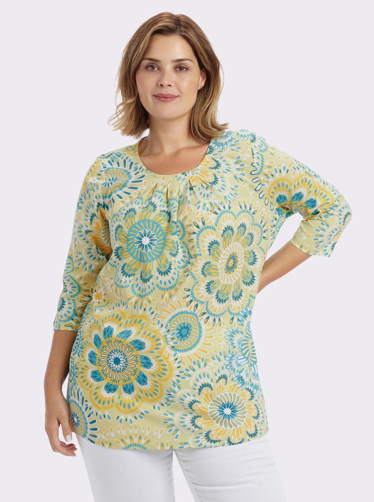 Longshirt in leichter A-Linie - pistazie-türkis-bedruckt