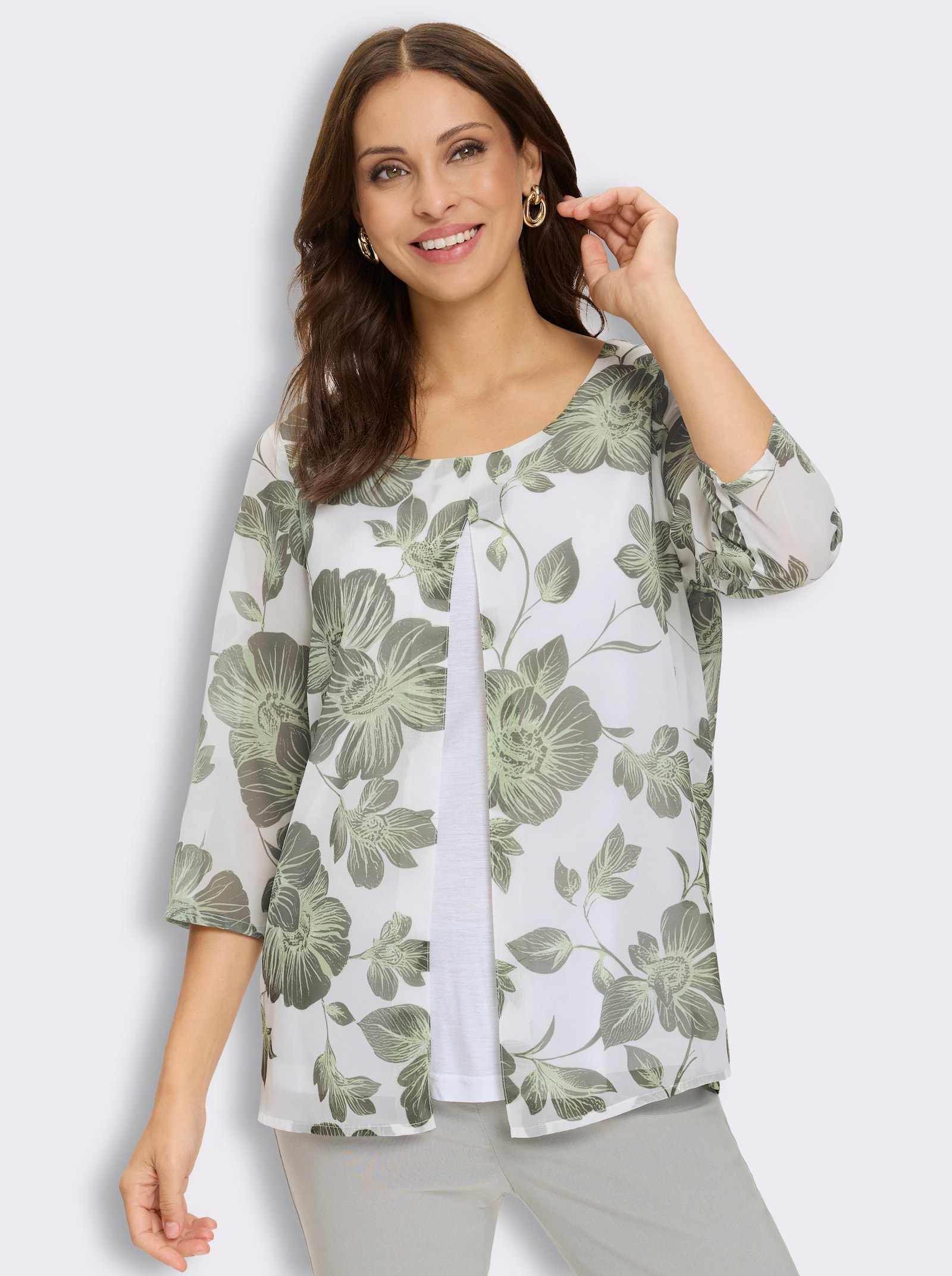 Druckbluse in 2-in-1-Optik - weiß-khaki-bedruckt