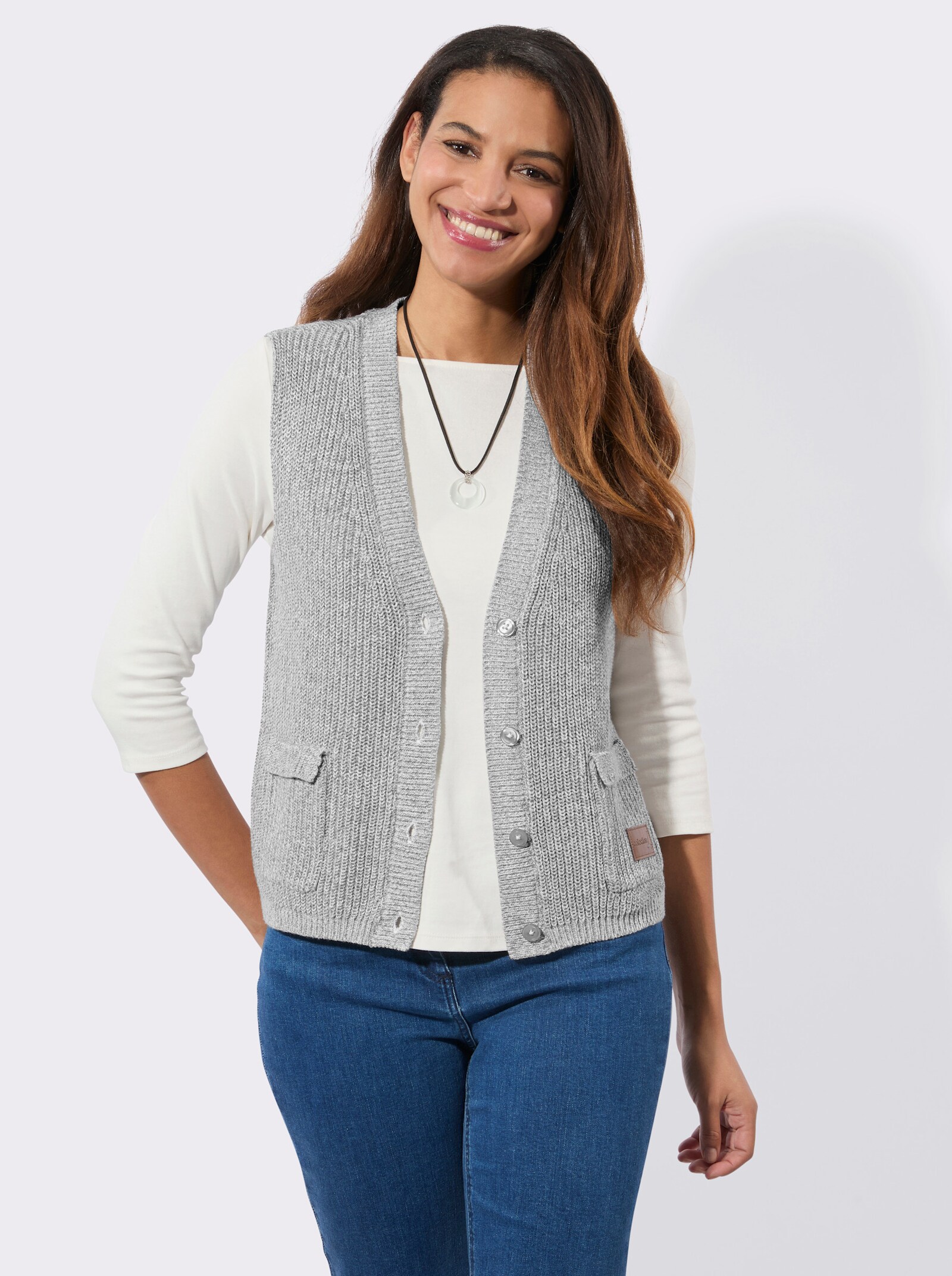 Strickweste mit Ripp-Abschlüssen - steingrau-ecru-meliert