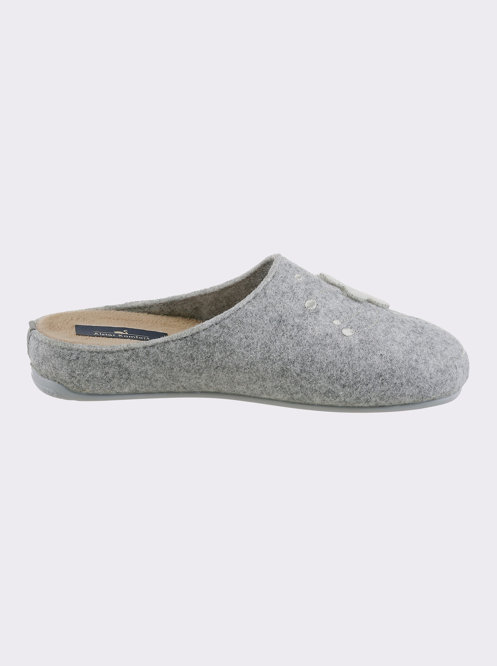 Pantoffel mit Blüten-Applikation, Filz - grau