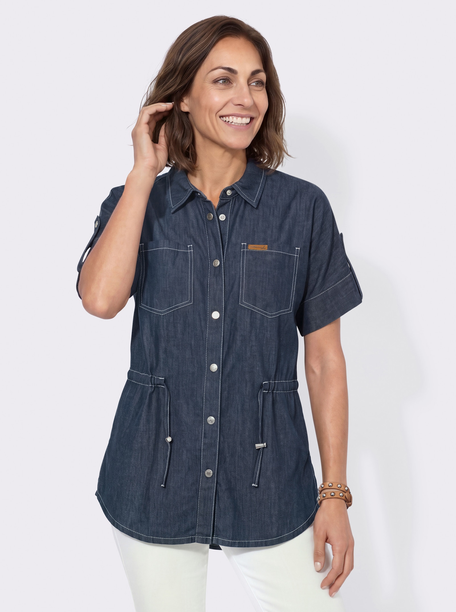 Jeansbluse mit regulierbarem Taillen-Kordelzug - dark blue