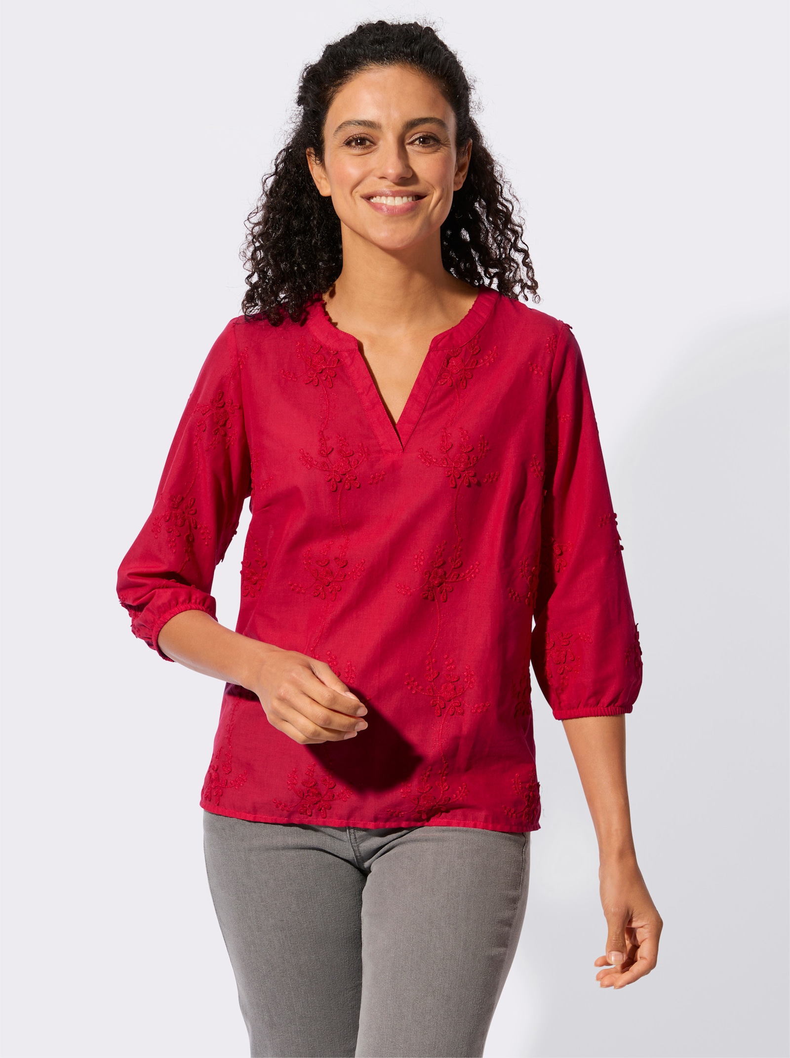 Baumwollbluse mit 3D-Blütenstickerei - erdbeere