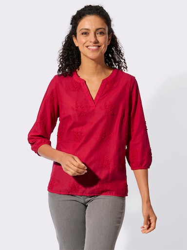 Baumwollbluse mit 3D-Blütenstickerei - erdbeere