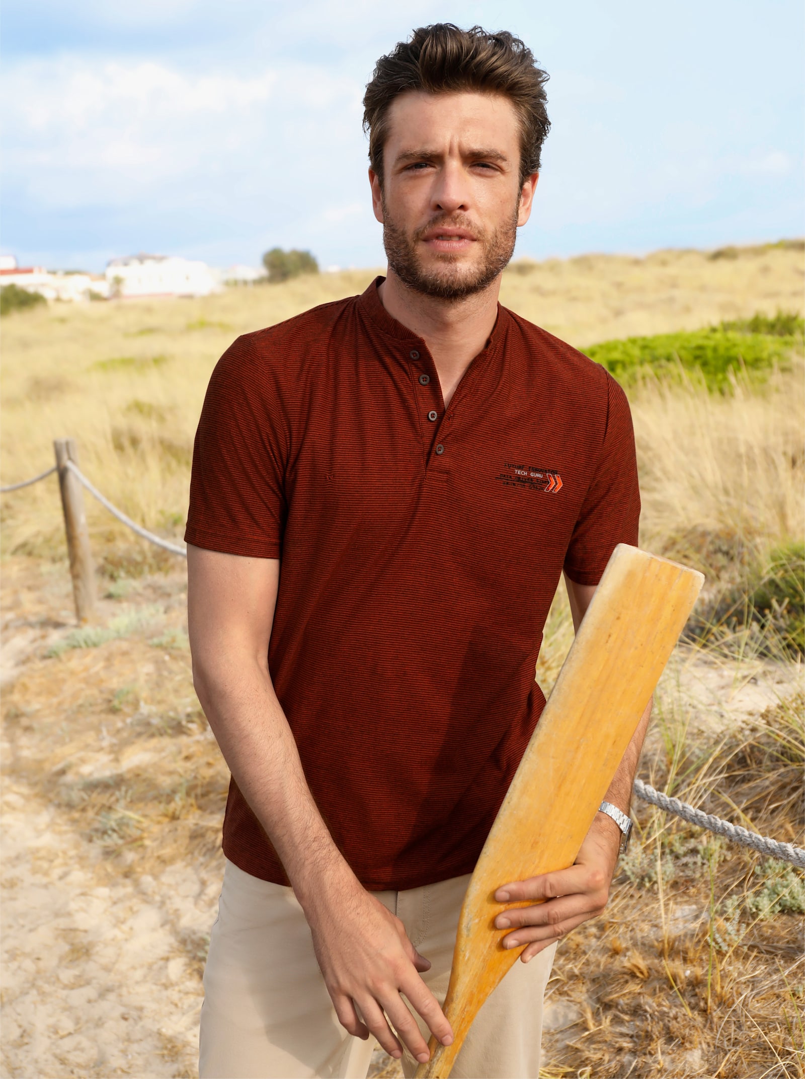 Catamaran Kurzarmshirt mit zweifarbigem Streifen-Muster - terra-schwarz-gestreift