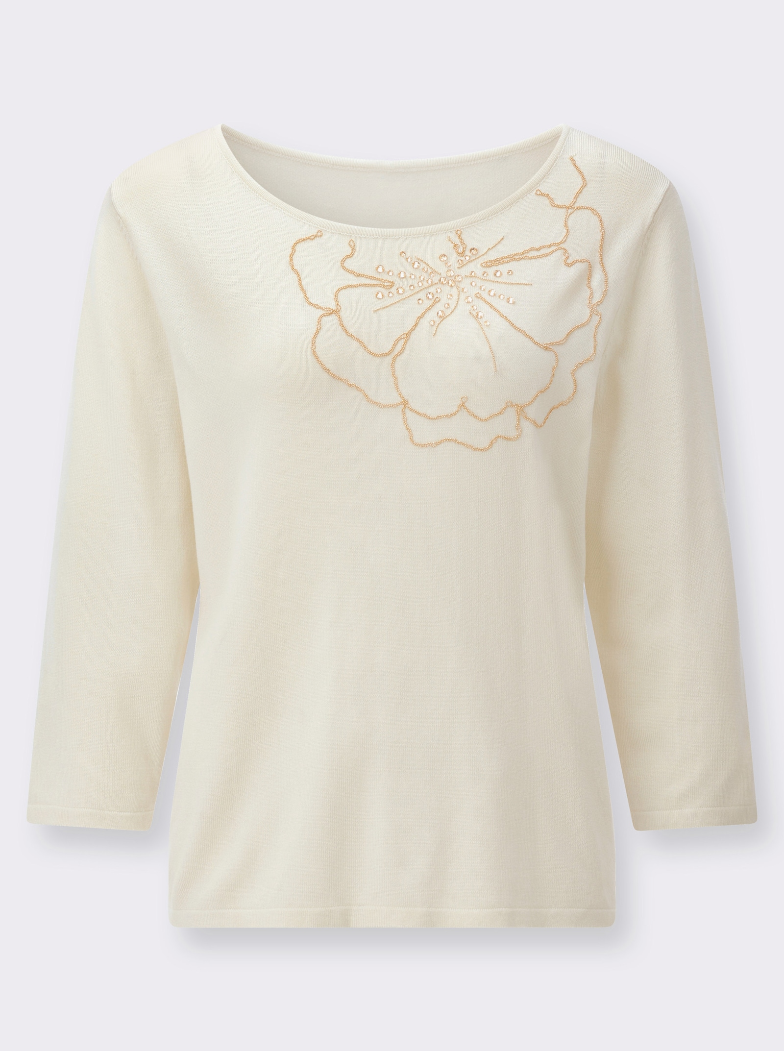 Feinstrickpullover mit Blütenmotiv - champagner