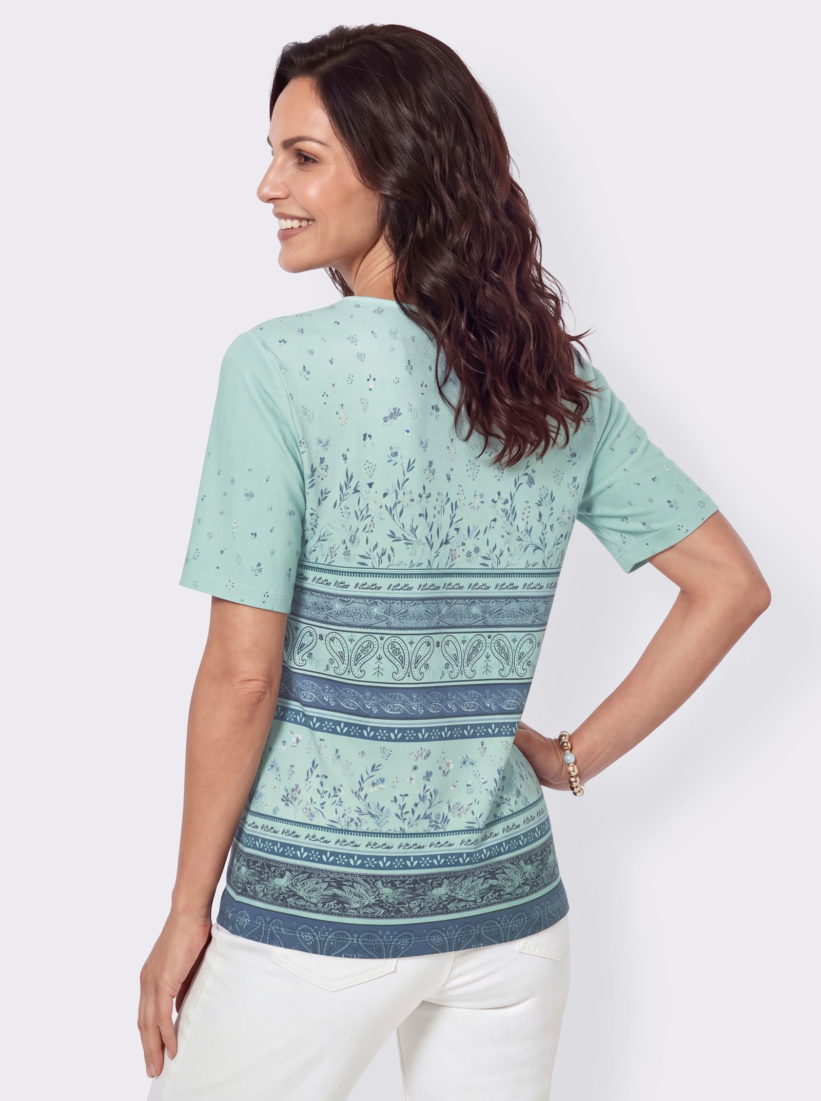 Tunikashirt in A-Silhouette - mint-dunkelblau-bedruckt