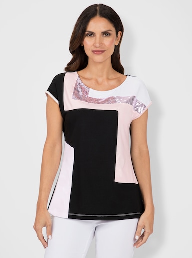 Rundhalsshirt mit Pailletten vorne - schwarz-weiß-gemustert