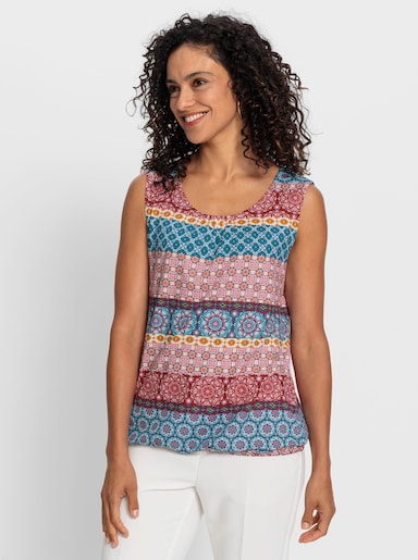 Shirttop mit elastischem Saum - jeansblau-kirsche-bedruckt