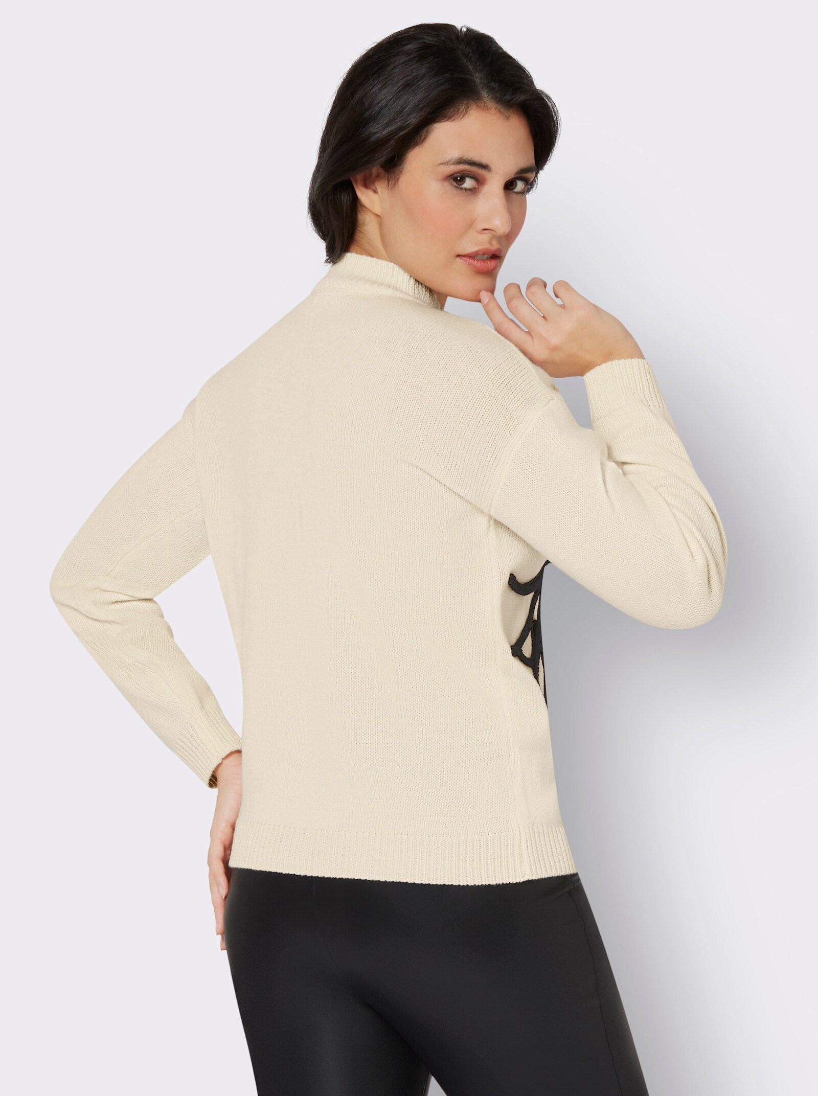 Stehkragenpullover mit Ballonärmeln, floral - champagner-schwarz-gemustert