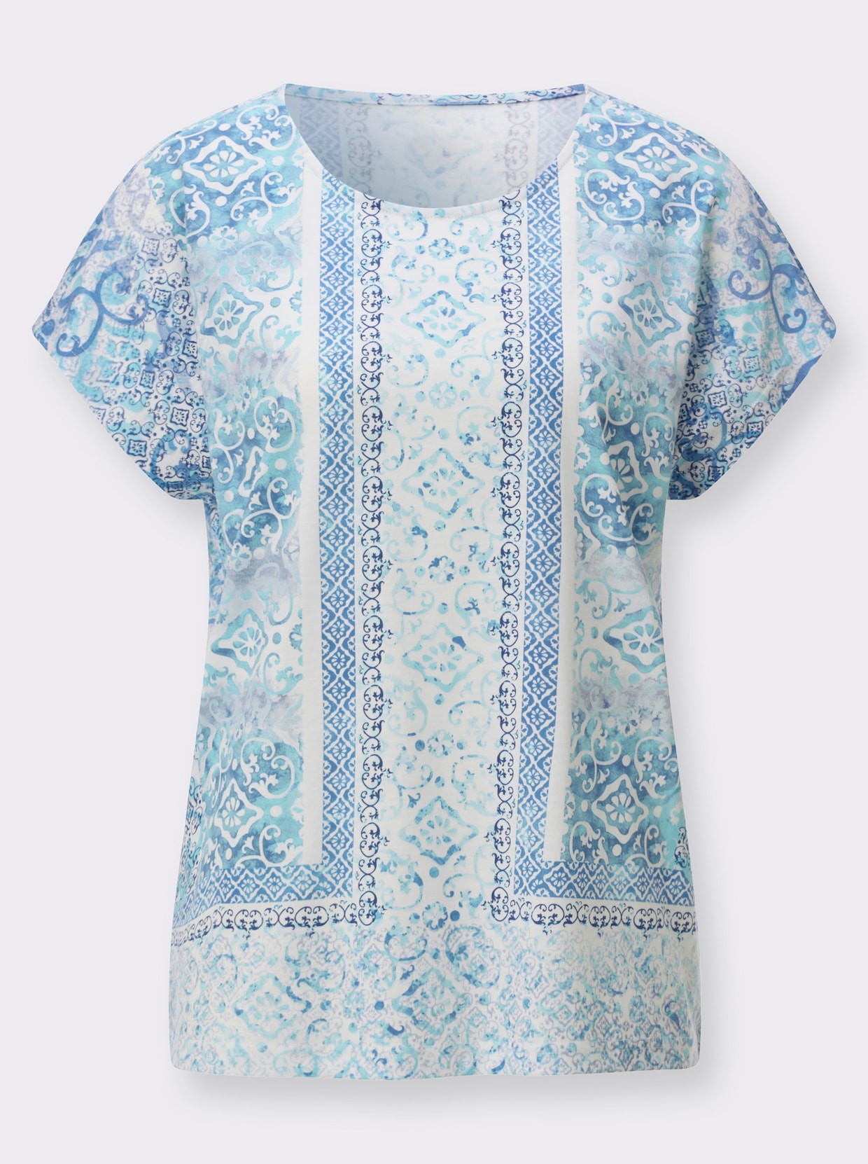 Print-Shirt mit überschnittenen Schultern - jeansblau-ecru-bedruckt