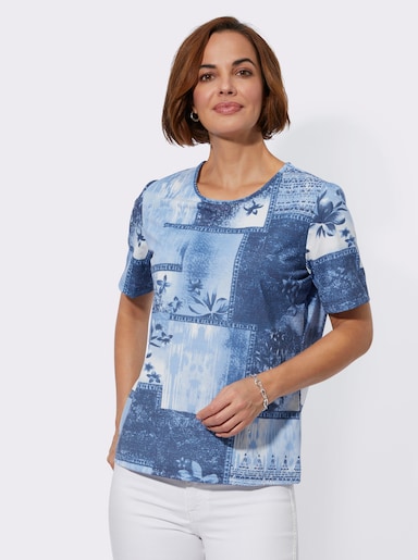 Rundhalsshirt im grafischen Patchwork-Dessin - himmelblau-marine-bedruckt