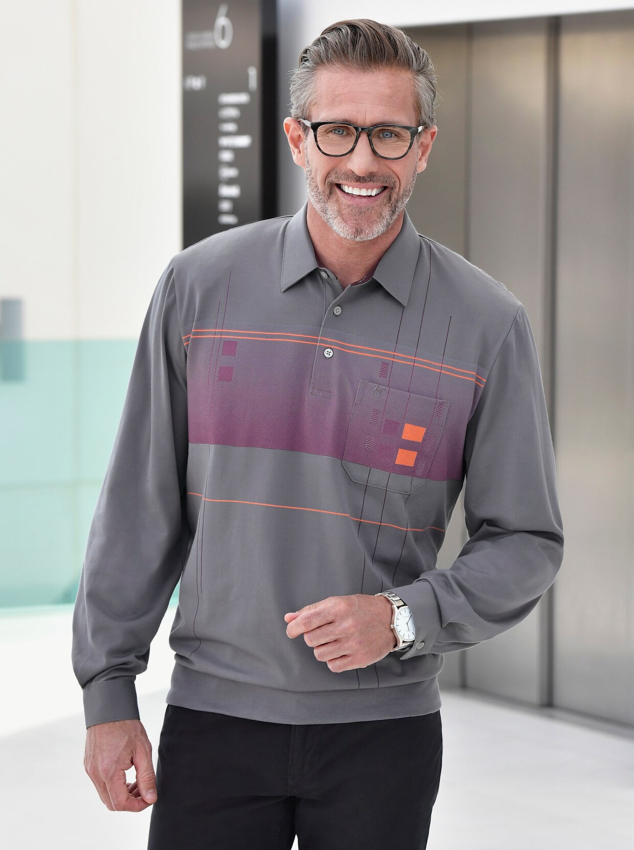 Langarm-Poloshirt - grafit