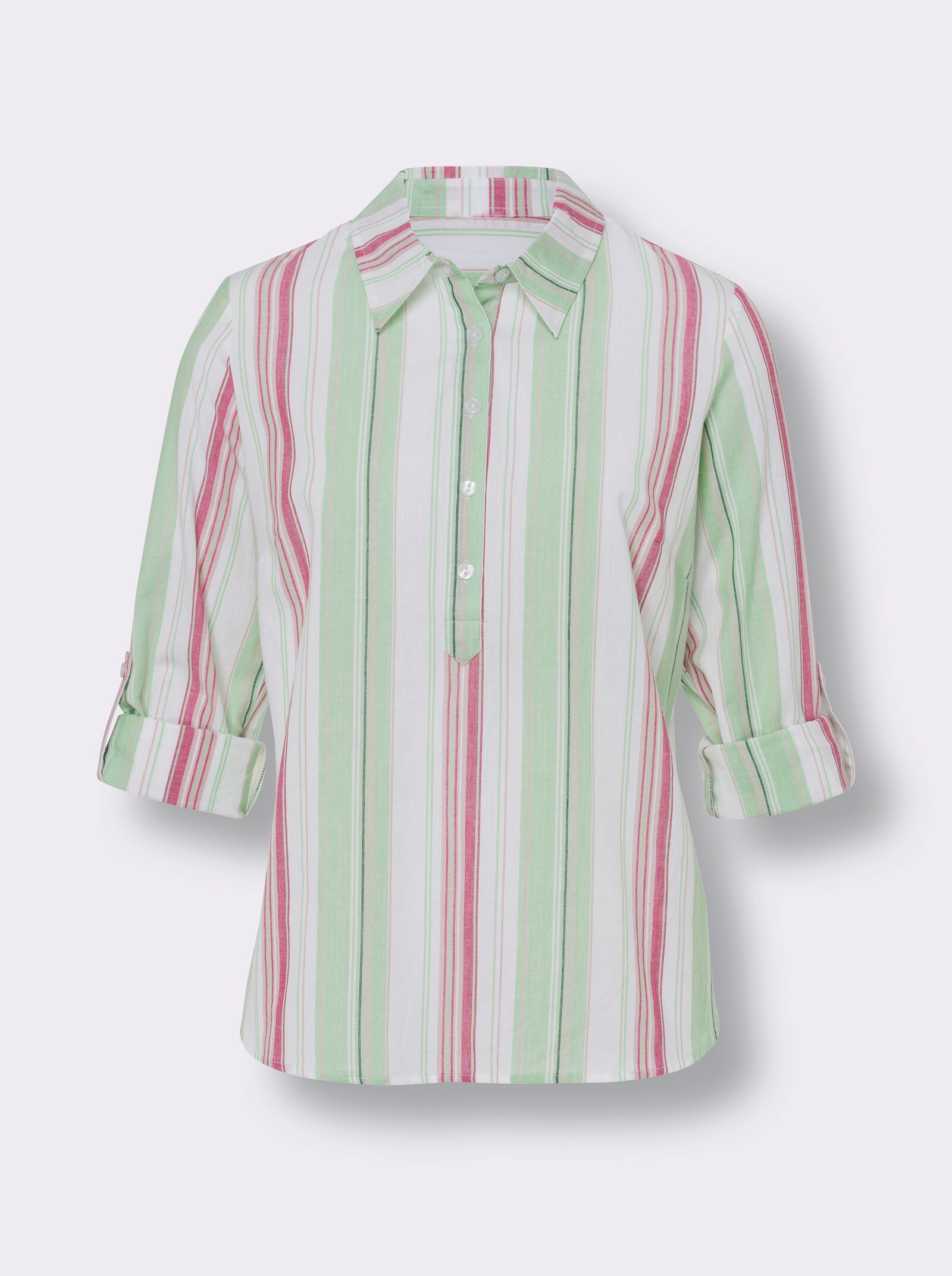 Baumwollbluse mit krempelbaren Ärmeln - ecru-fuchsia-gestreift
