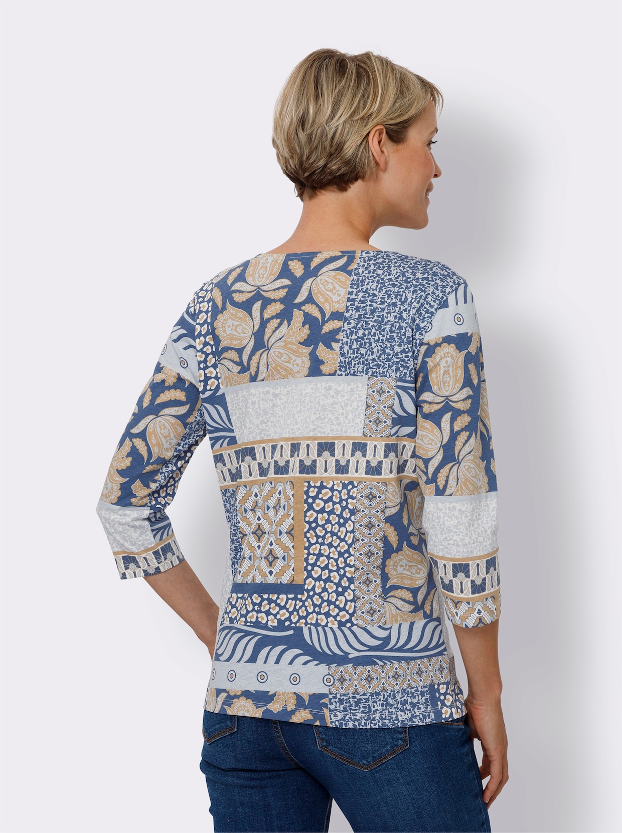 Shirt met 3/4-mouw - jeansblauw/ecru bedrukt