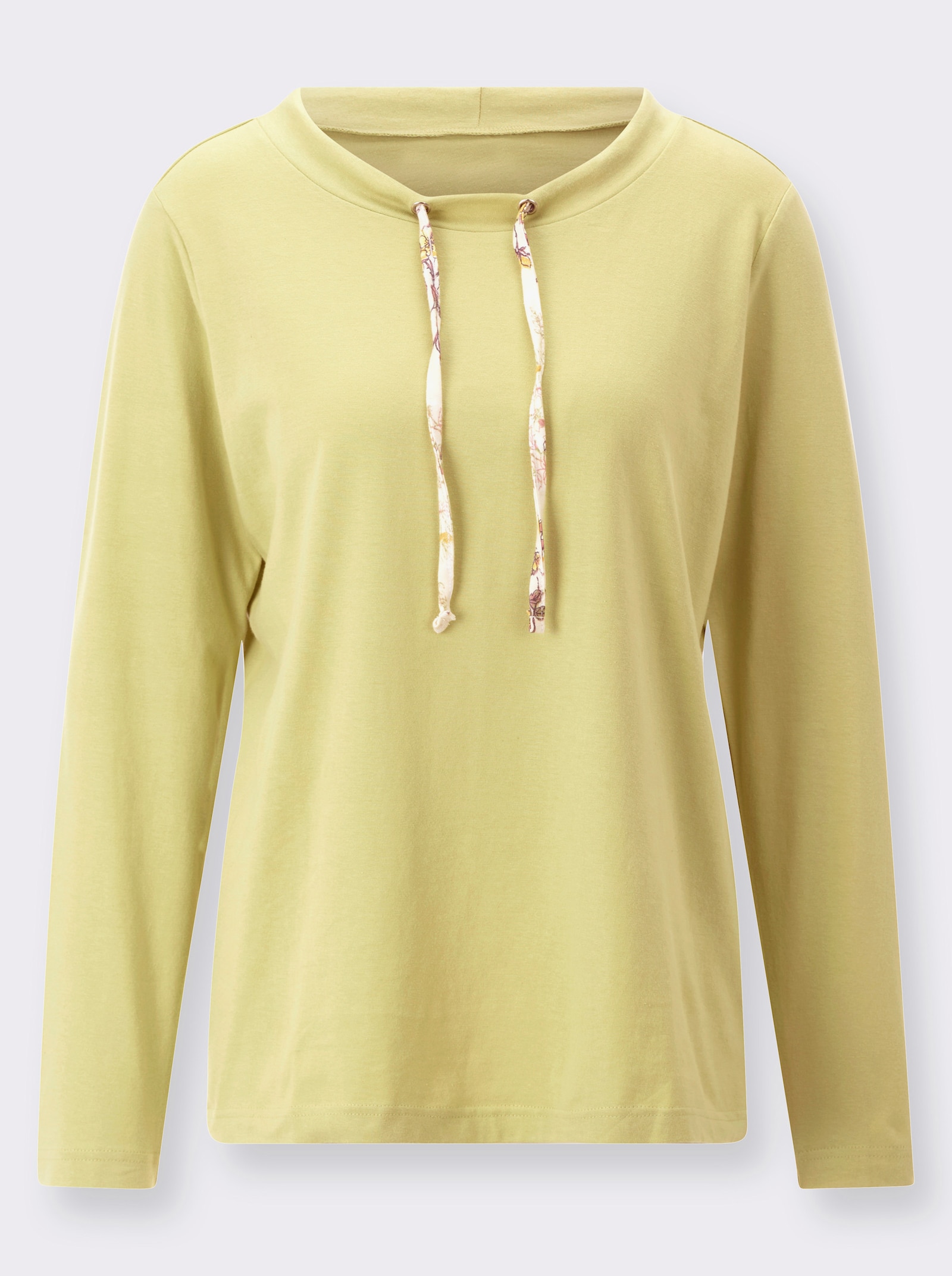 Langarmshirt mit Bindeband am Ausschnitt - zitrone