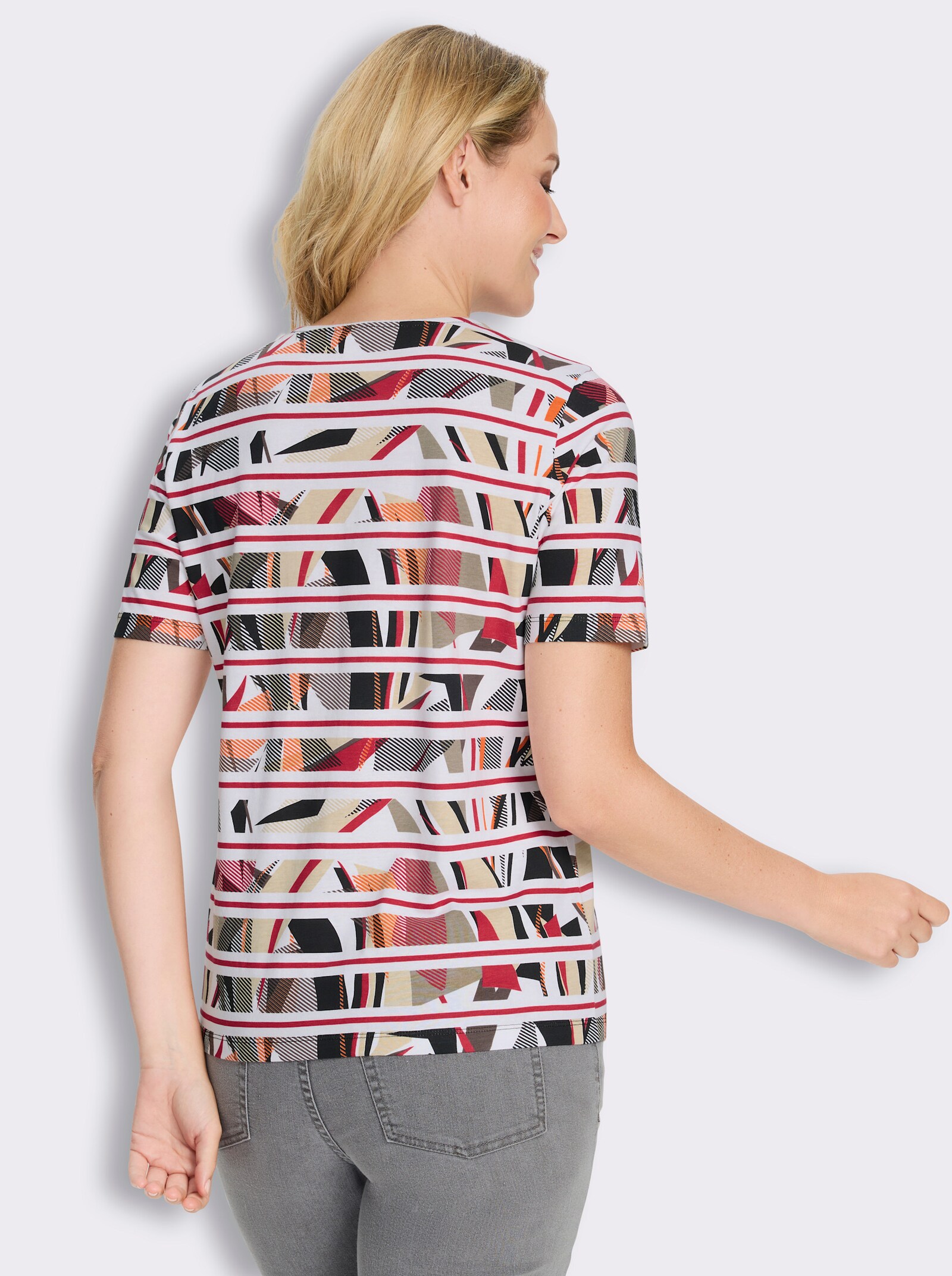 Kurzarmshirt mit Streifen- und Grafikmuster - erdbeere-taupe-bedruckt