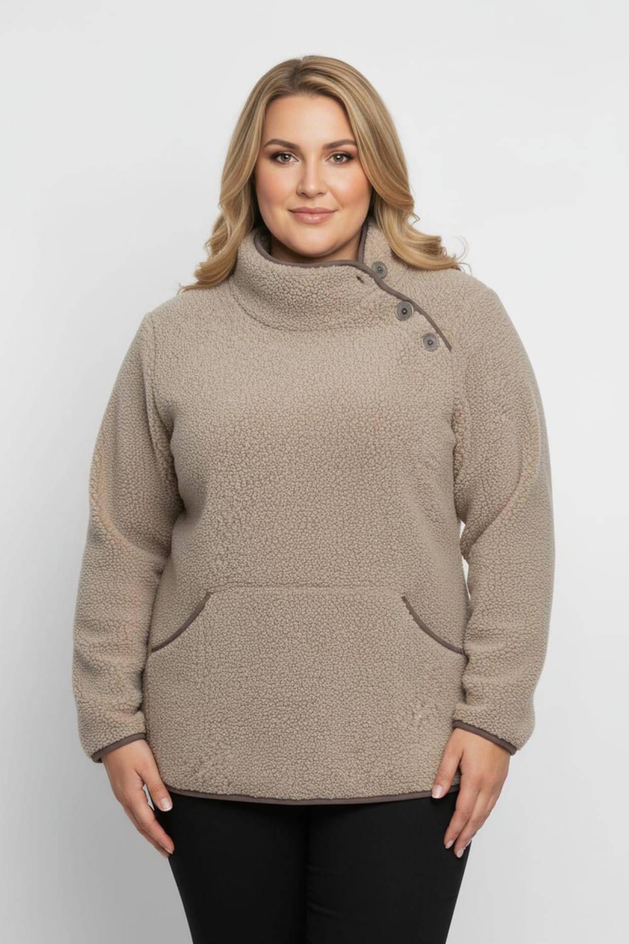 Fleeceshirt mit Kontrastpaspeln - sesam