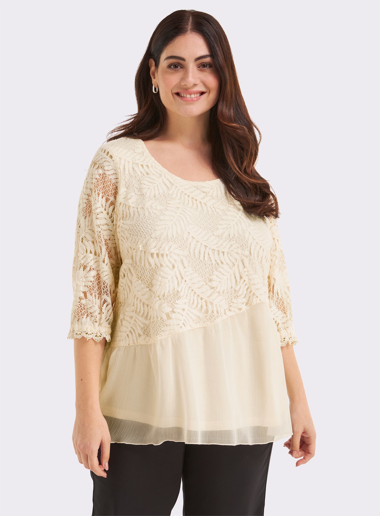 Chiffonbluse mit Baumwoll-Spitze - champagner
