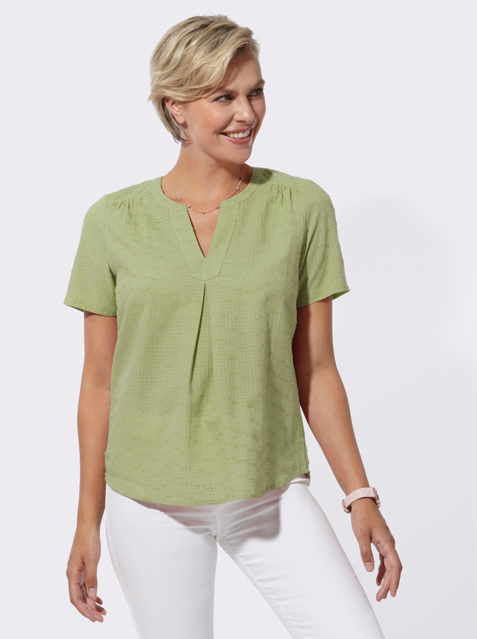 Schlupf-Bluse mit Schulterpasse, vorne und hinten. - lindgrün