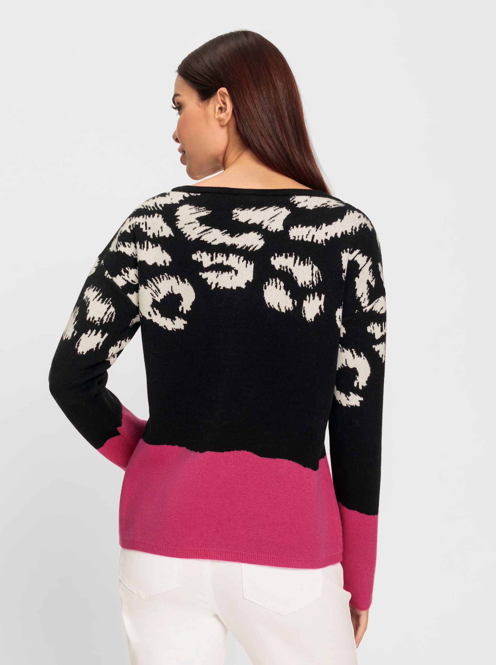 heine Langarm-Pullover mit U-Boot-Ausschnitt - fuchsia-schwarz-gemustert
