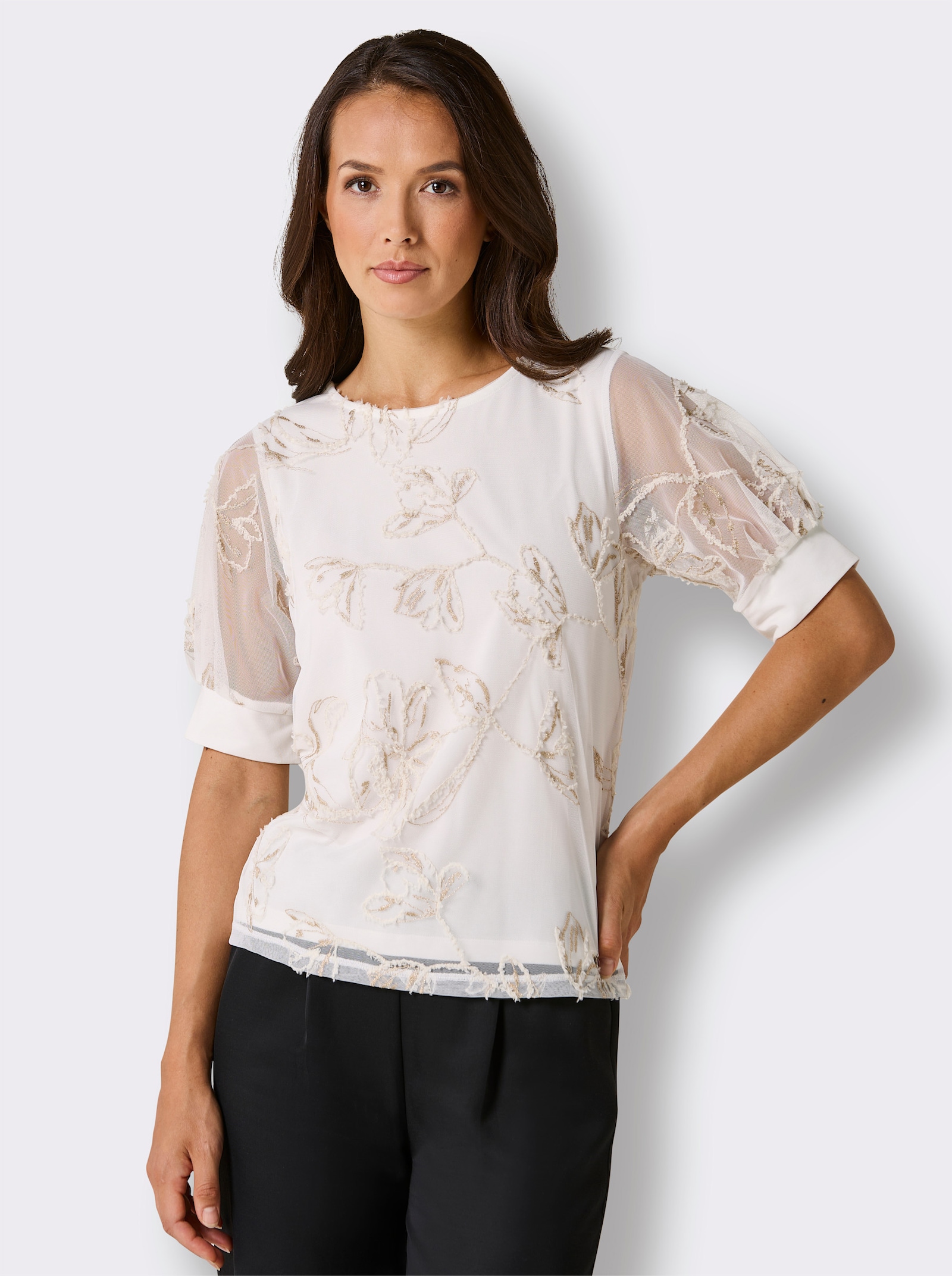 CREATION L PREMIUM Kurzarmshirt mit glitzernder Stickerei - ecru-gemustert