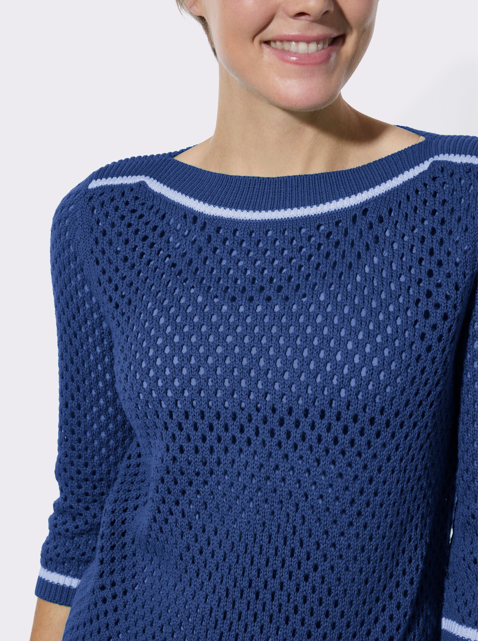 3/4-Arm-Pullover mit Ajourstrickmuster - royalblau