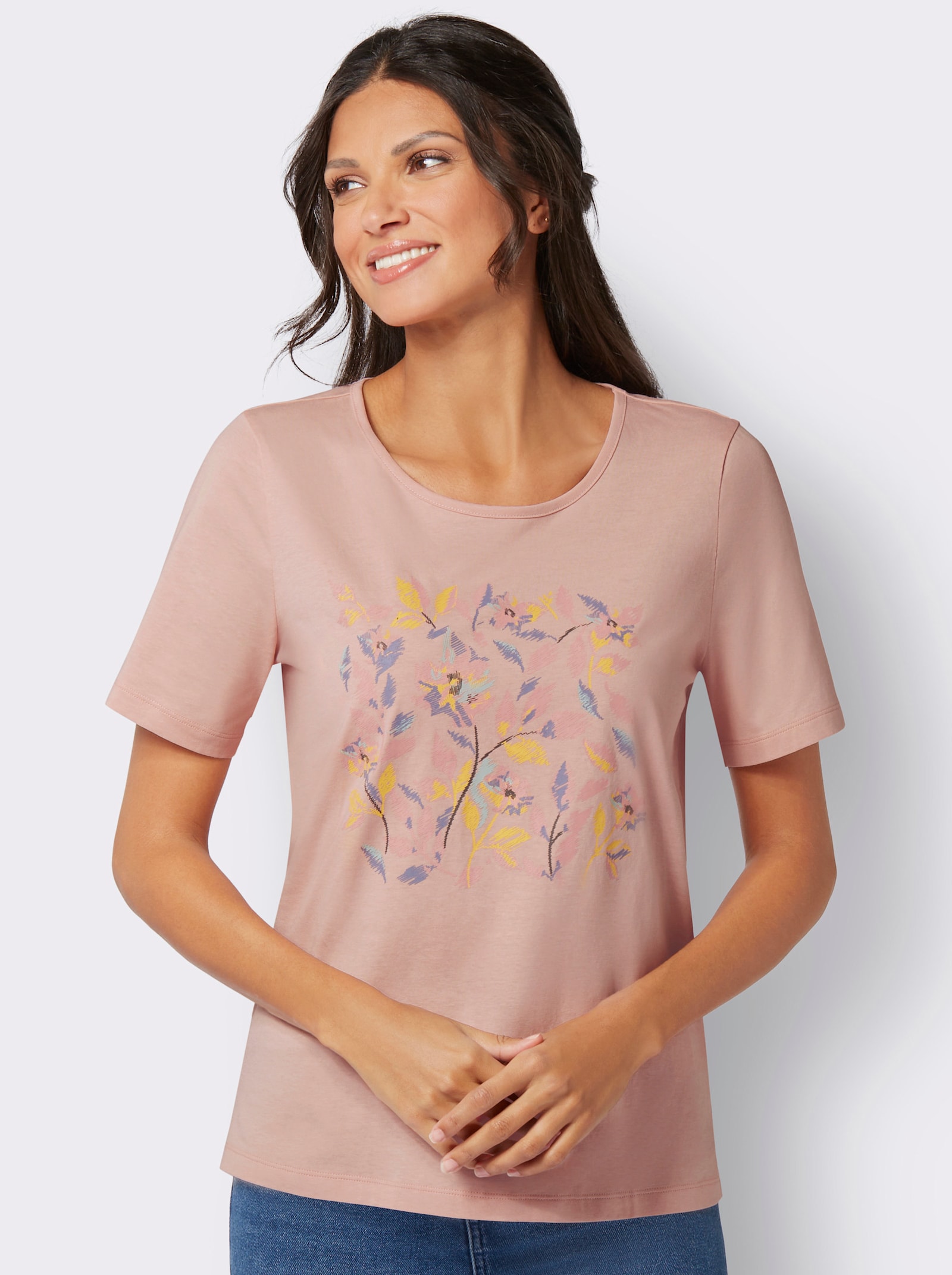 Tričko s krátkým rukávem s květinovým potiskem - pudrová-růženínová