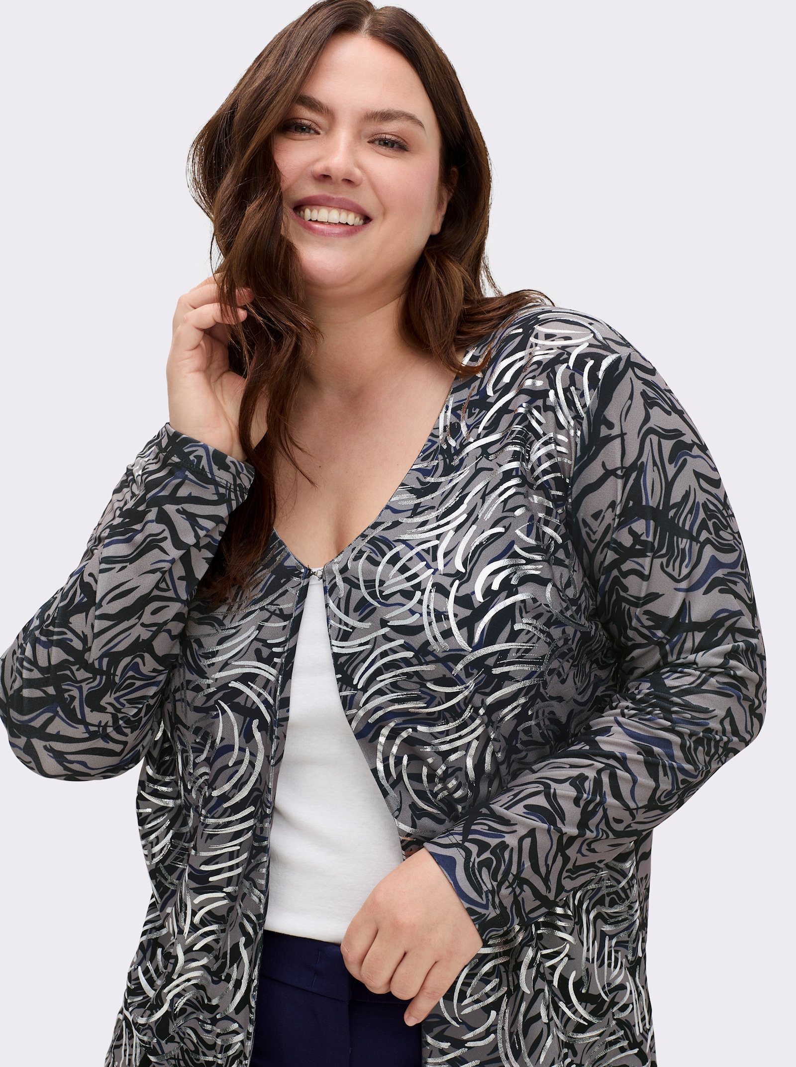 Shirtjacke mit silberfarbenem Folien-Druck - schwarz-marine-bedruckt