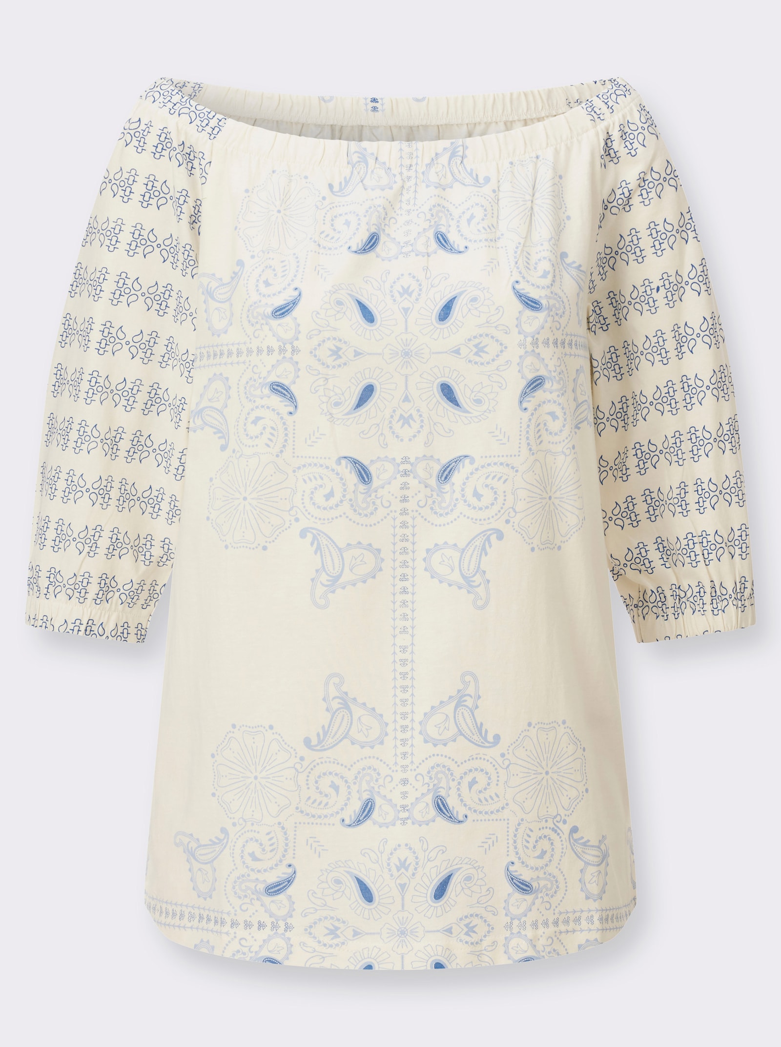 Print-Shirt mit Carmen-Ausschnitt - mittelblau-champagner-bedruckt