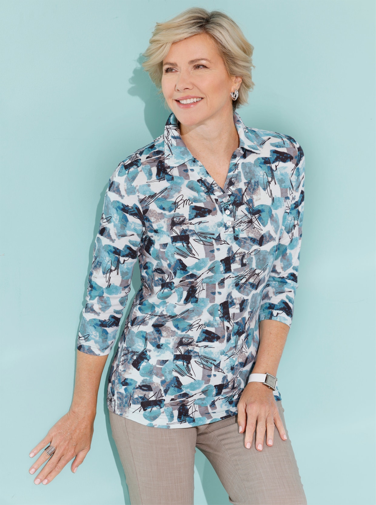 Poloshirt mit 3/4-Ärmeln - kalkmint-sesam-bedruckt