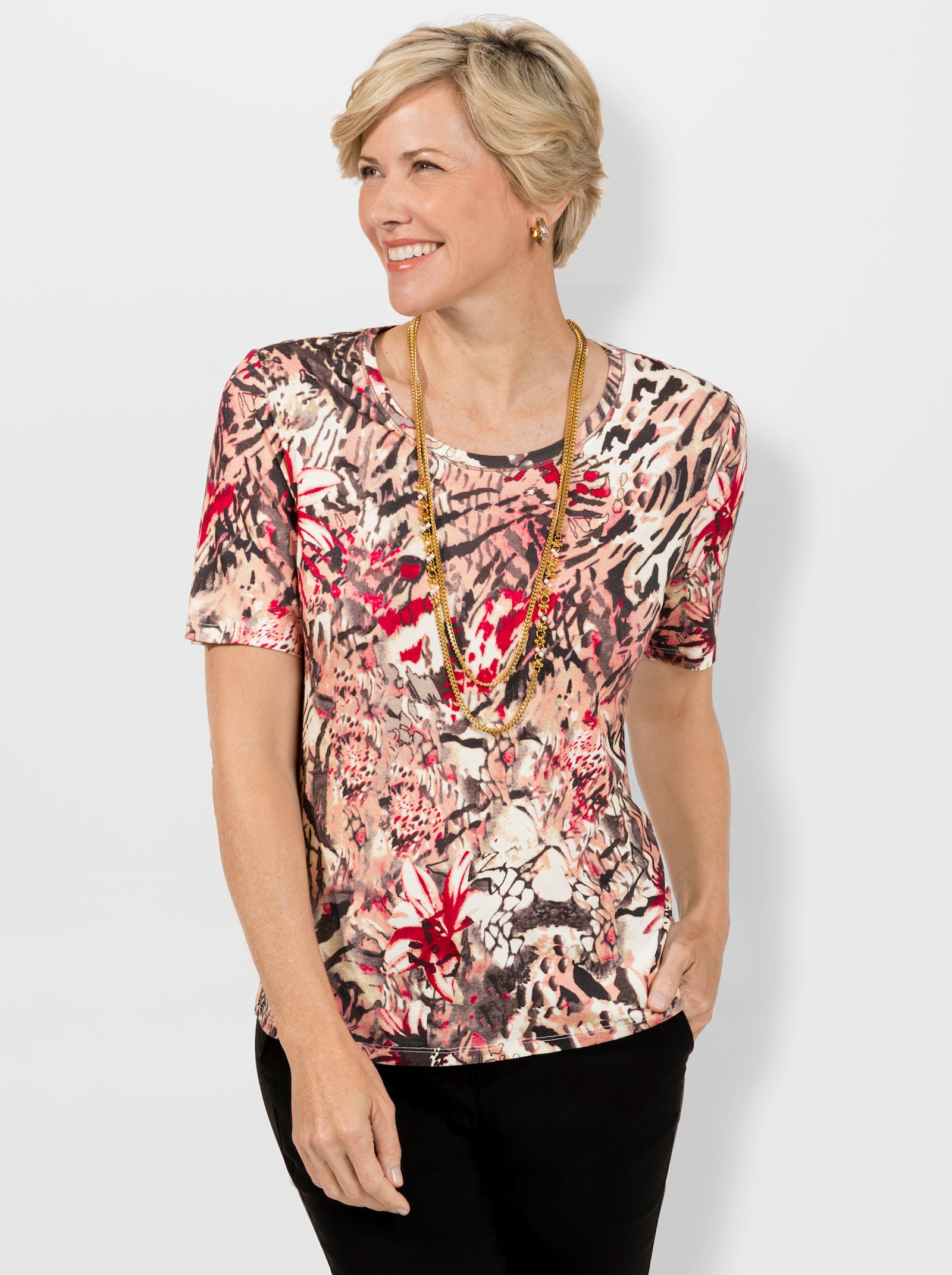 Rundhalsshirt mit Dessin-Mix - rosenquarz-taupe-bedruckt