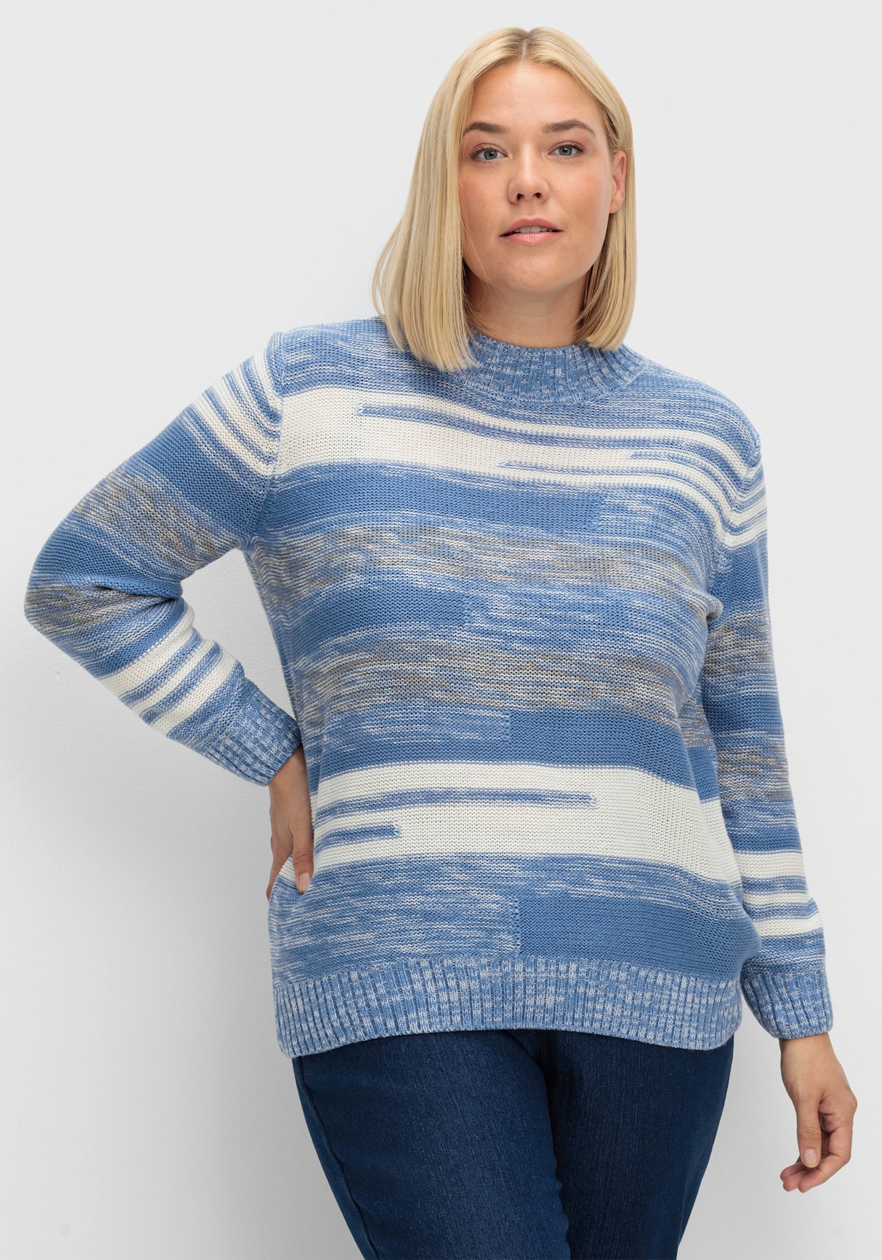 Stehkragenpullover mit Streifen-Muster - blau-meliert