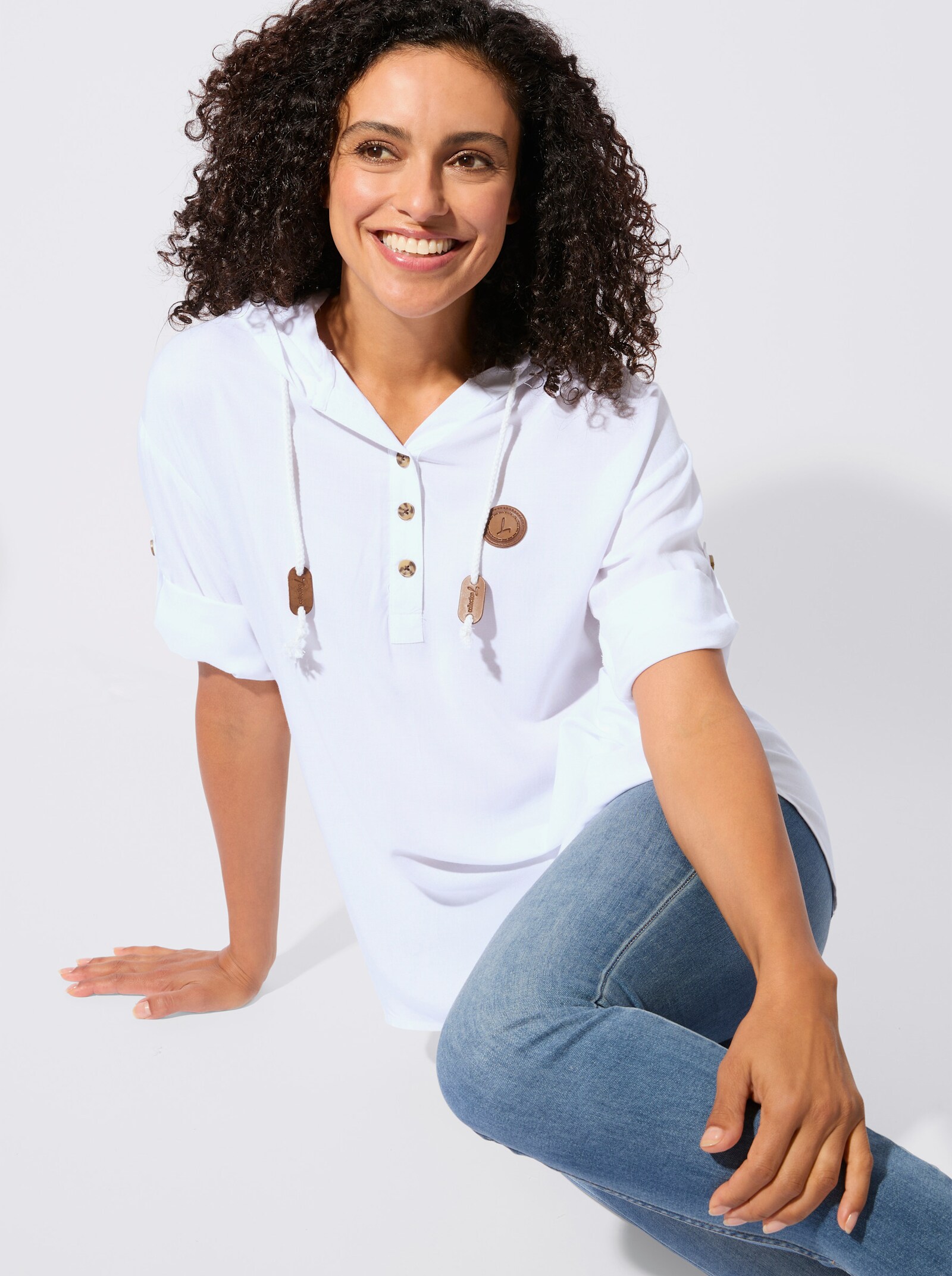 Longbluse mit krempelbaren Ärmeln - ecru