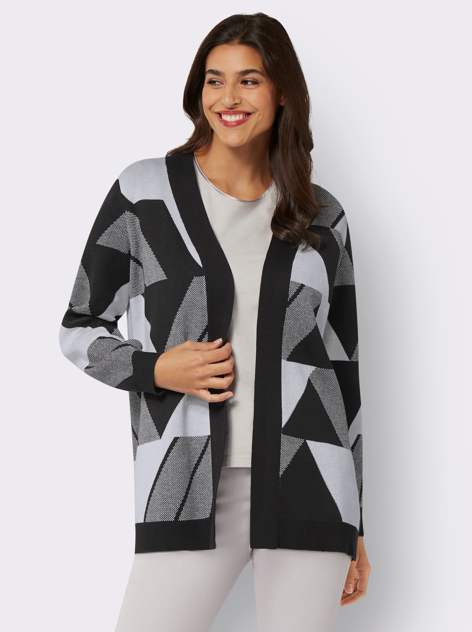 Vest met intarsiapatroon, open model - zwart/wit gedessineerd