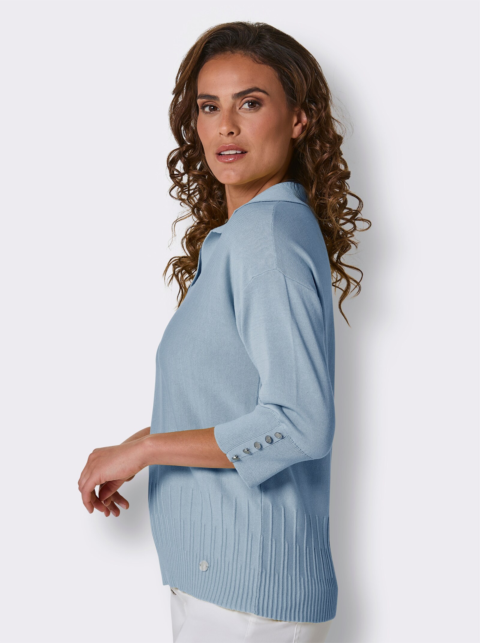CREATION L PREMIUM Polopullover aus Querstrick - eisblau