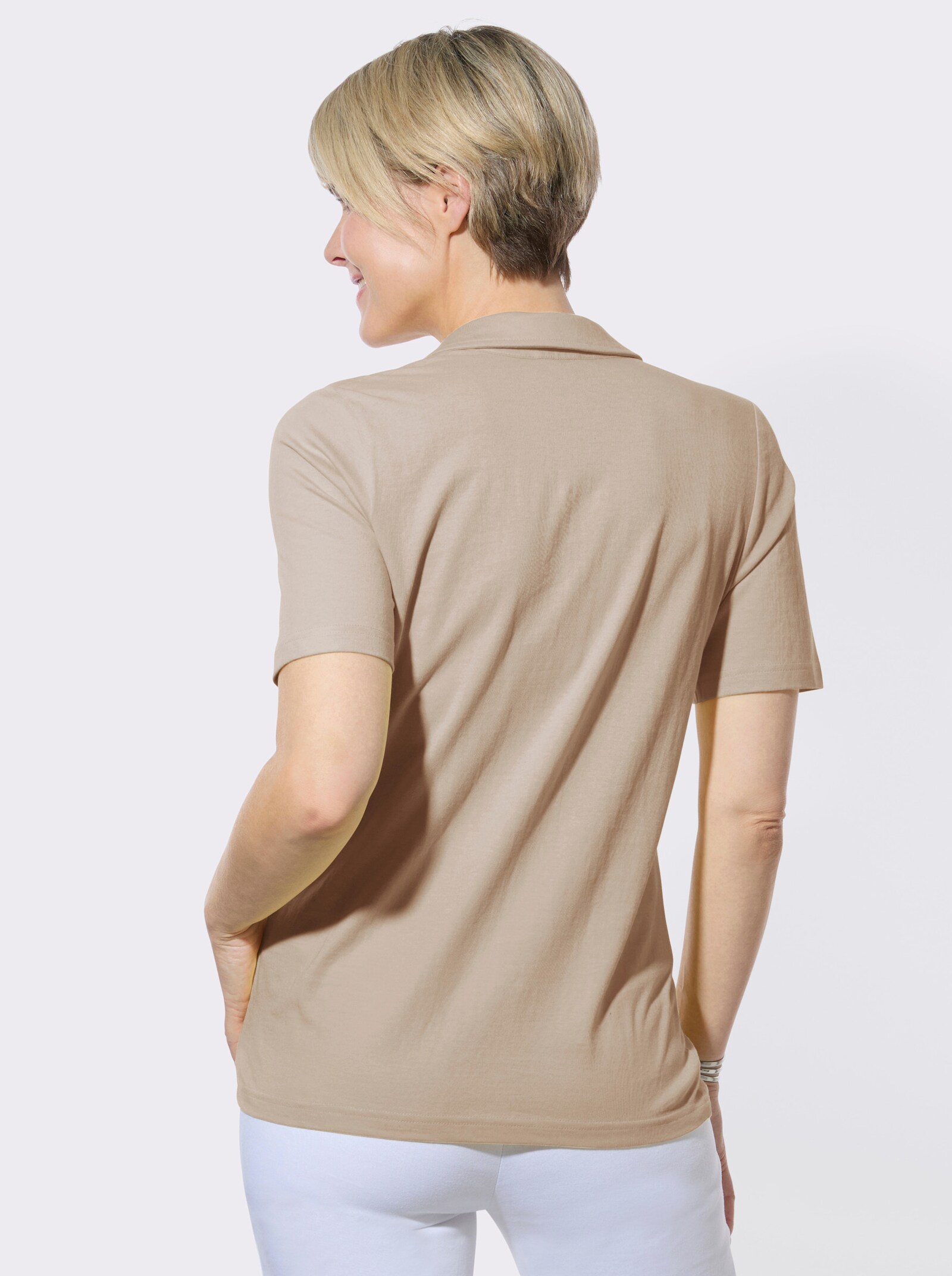 Poloshirt mit Rüschen und Nietenbesatz - sesam