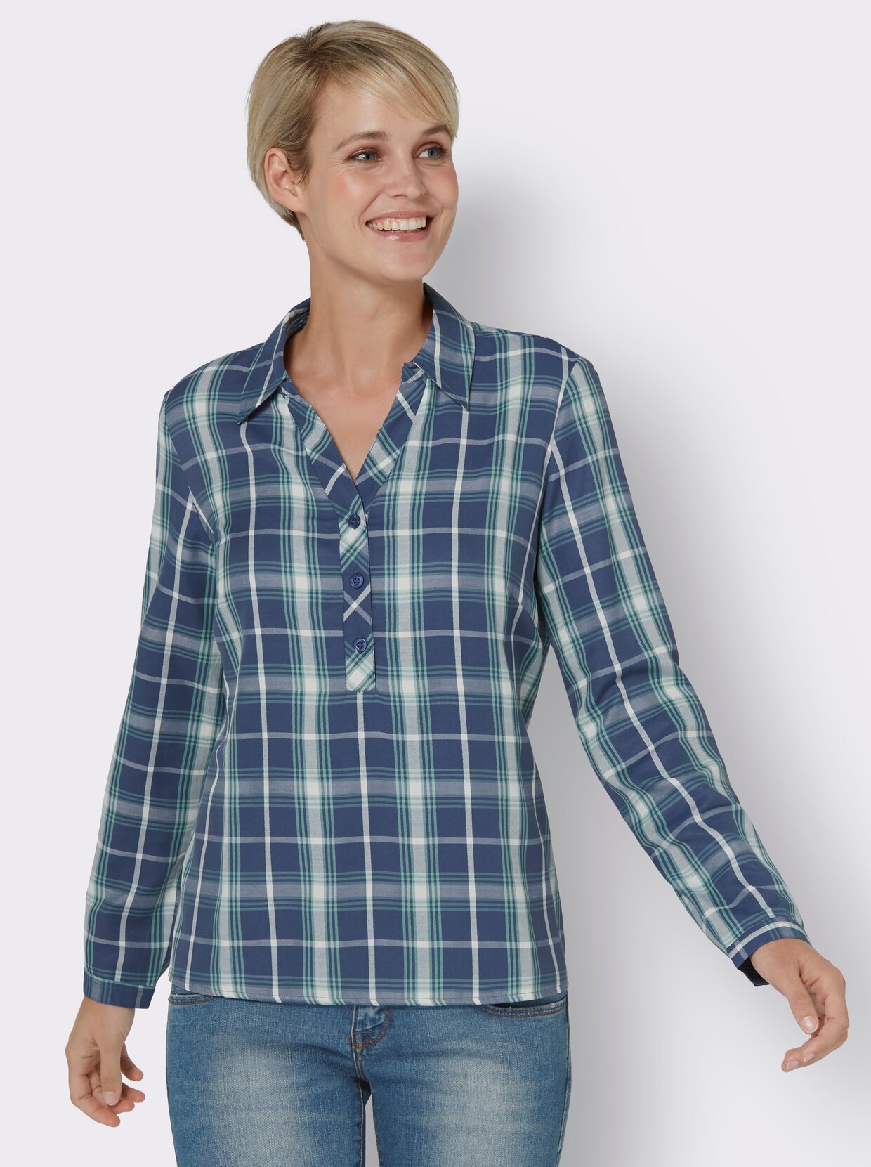 Geruite blouse - jeansblauw/salie geruit