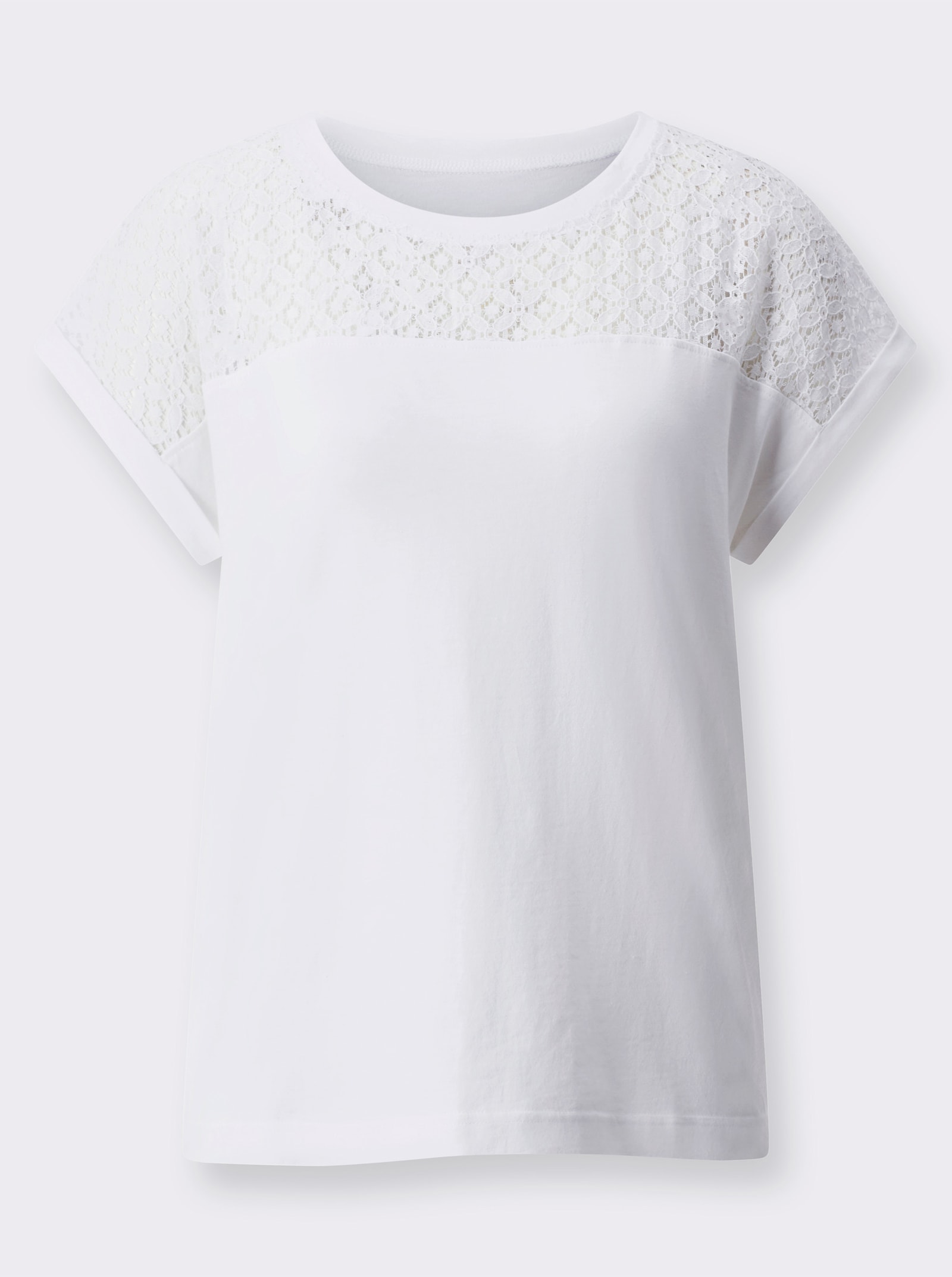 Rundhalsshirt mit Spitzen-Einsatz - weiß