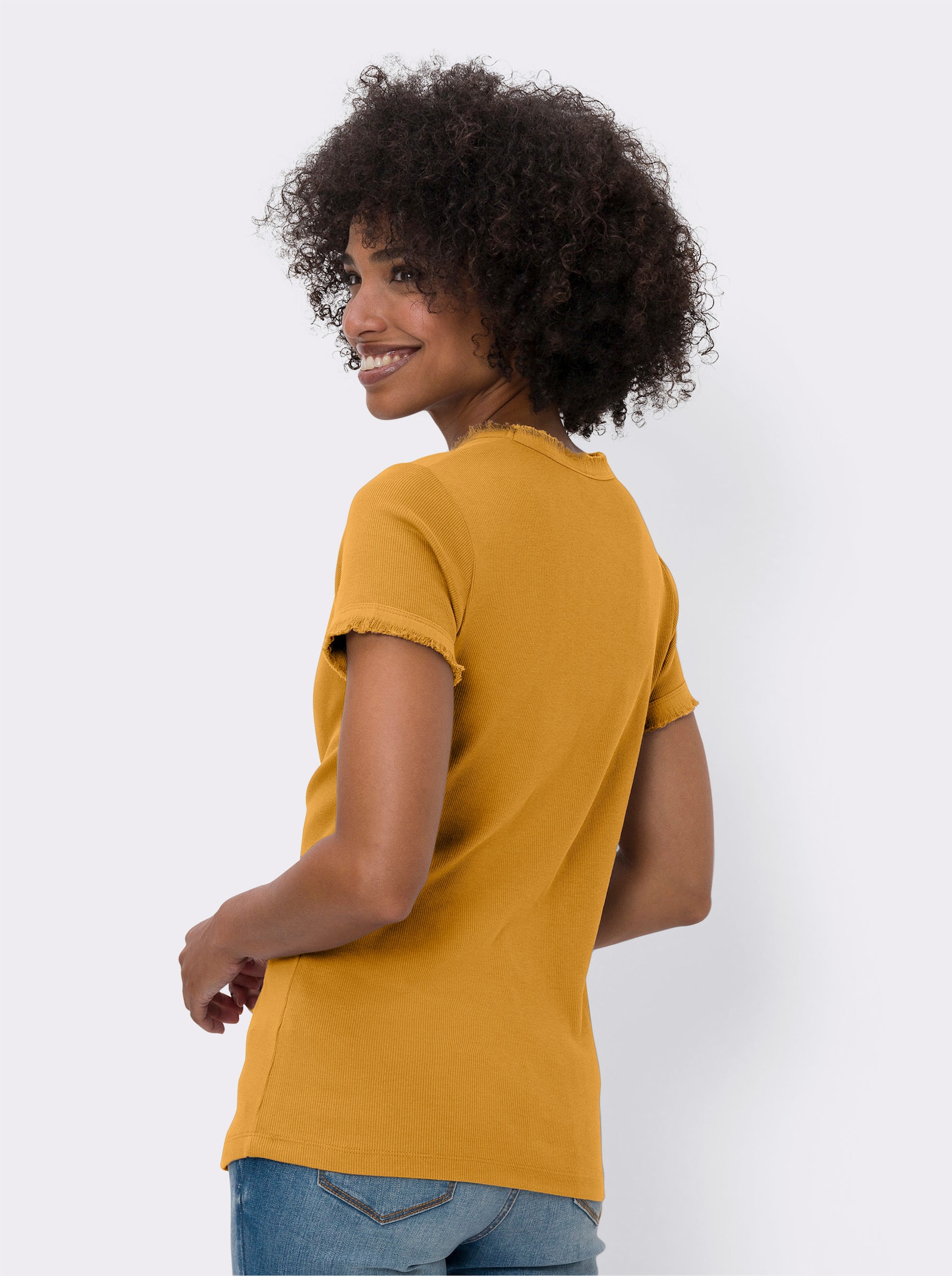 heine V-Shirt mit Fransen-Kante - ocker