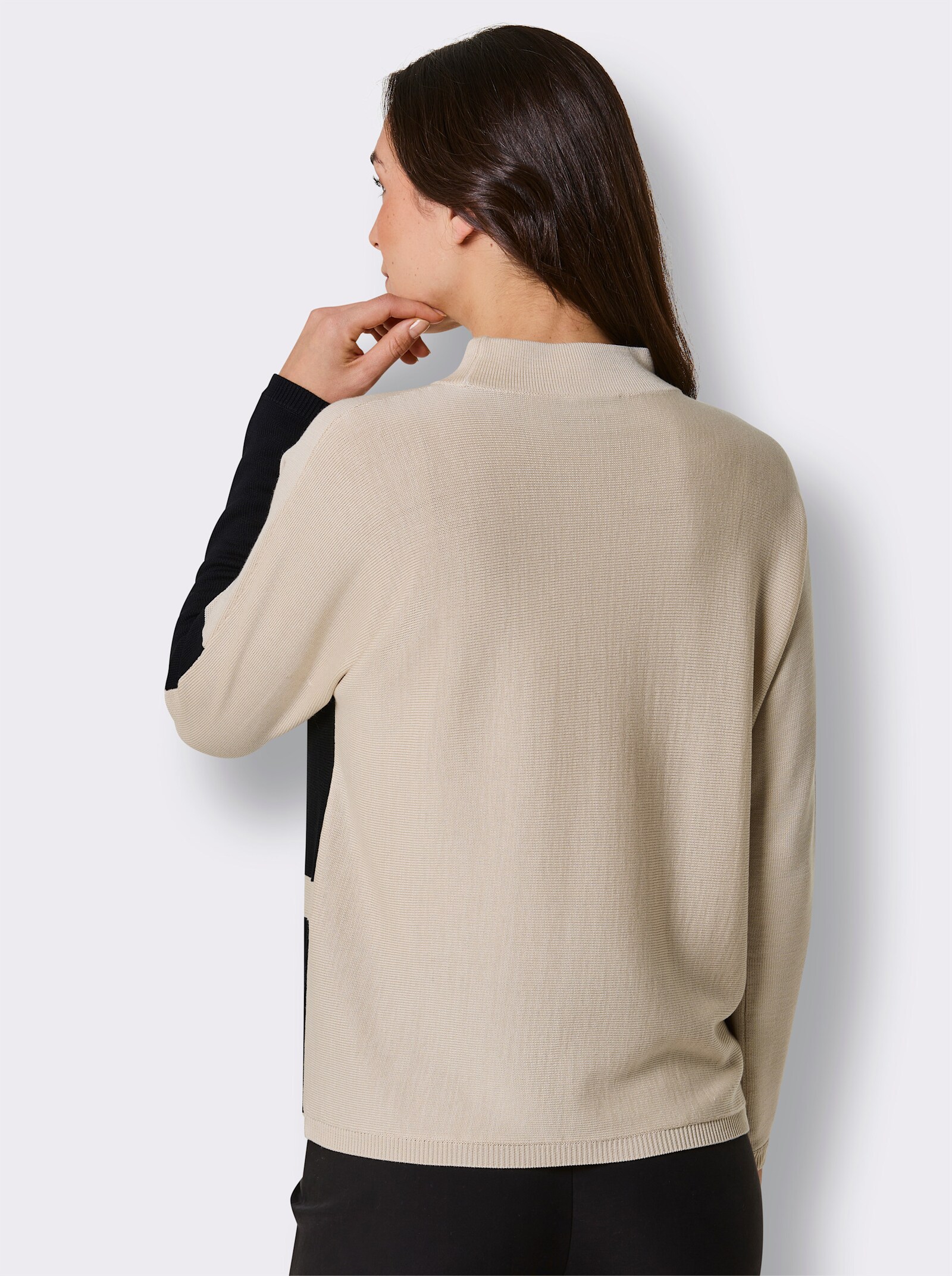 CREATION L PREMIUM Stehkragenpullover mit Intarsien-Dessin - elfenbein-schwarz-gemustert