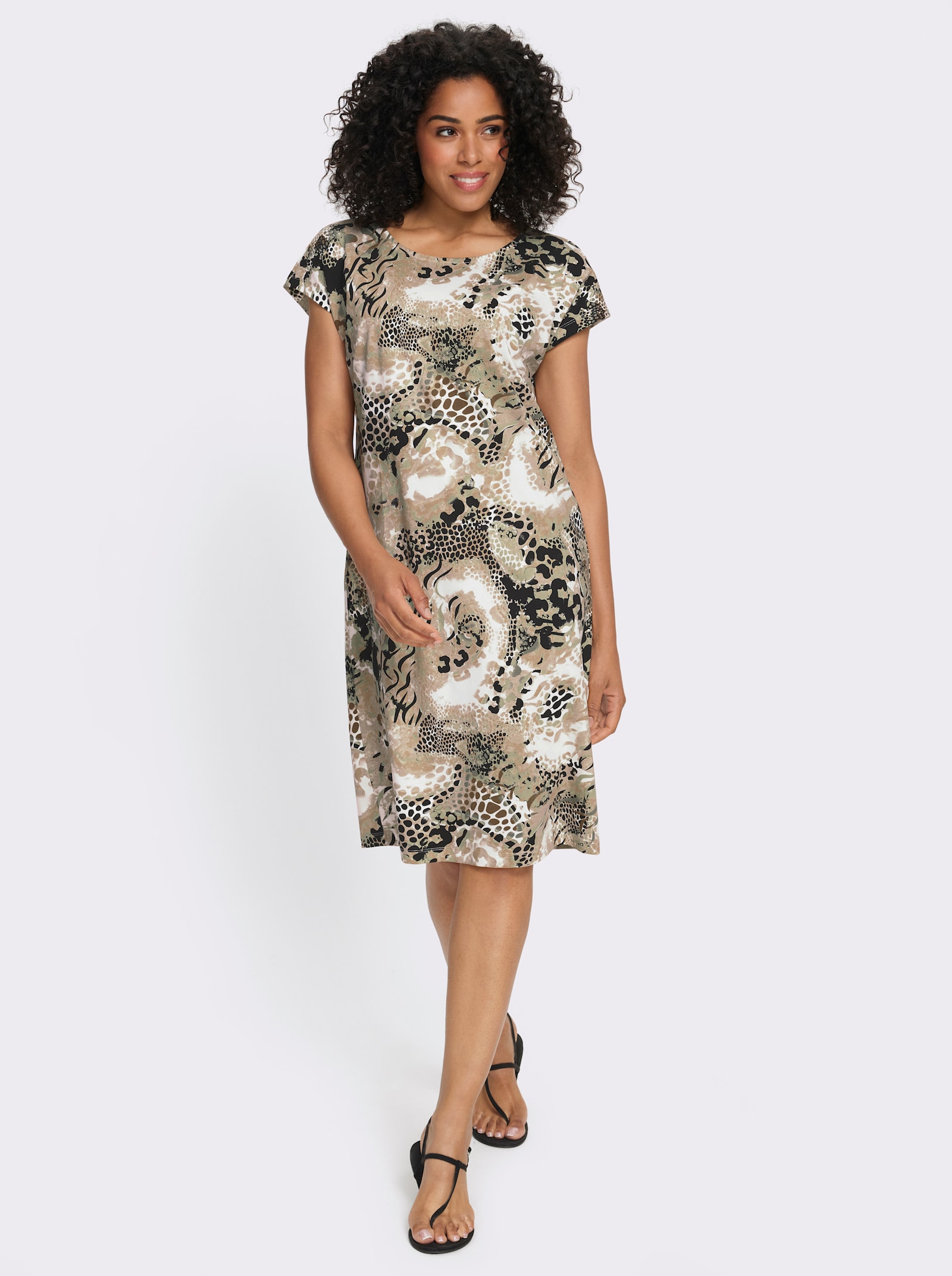 Jerseykleid mit Animal-Muster-Mix - ecru-braun-bedruckt